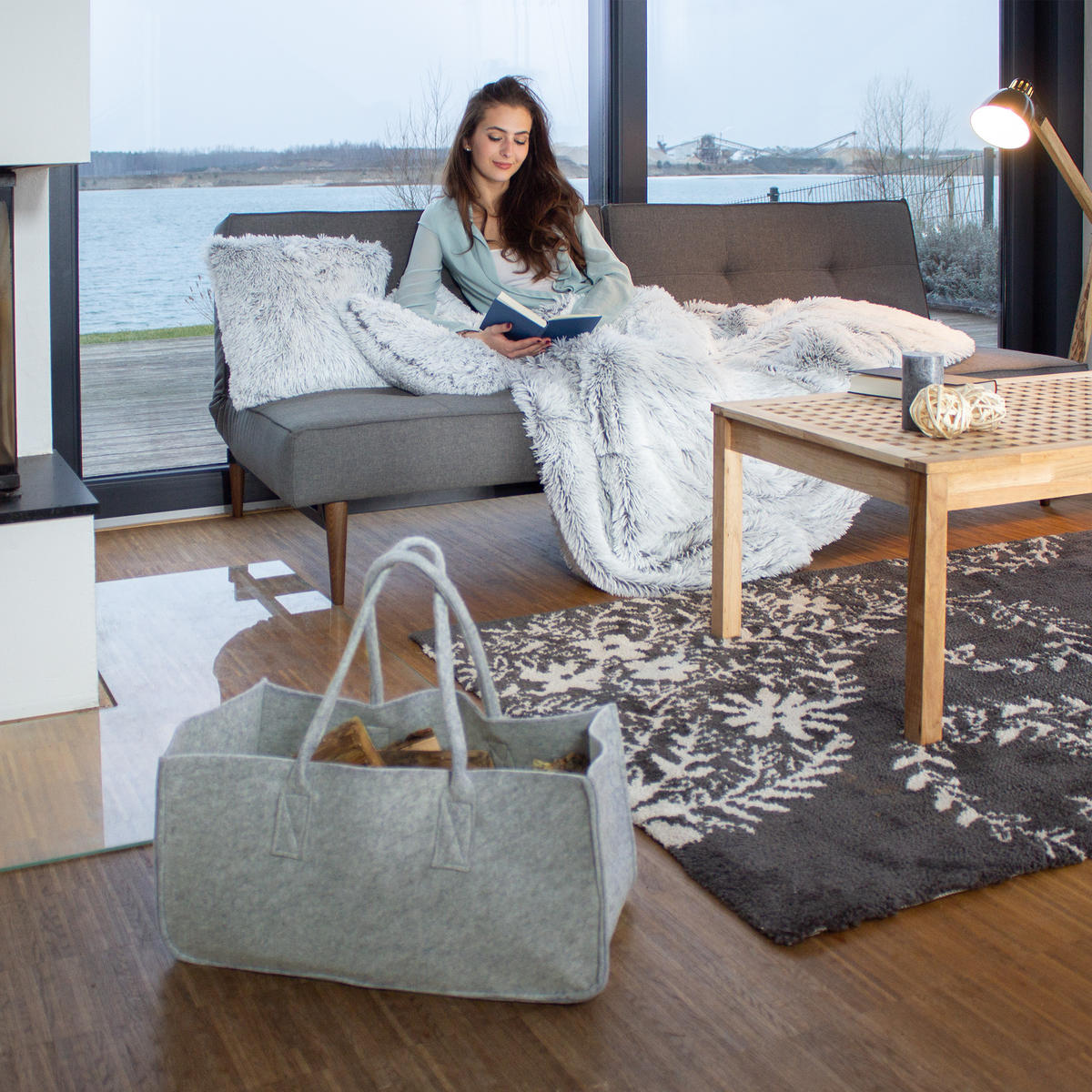 KAMINHOLZTASCHE - Schwarz, Textil (25/25/50cm) - Relaxdays