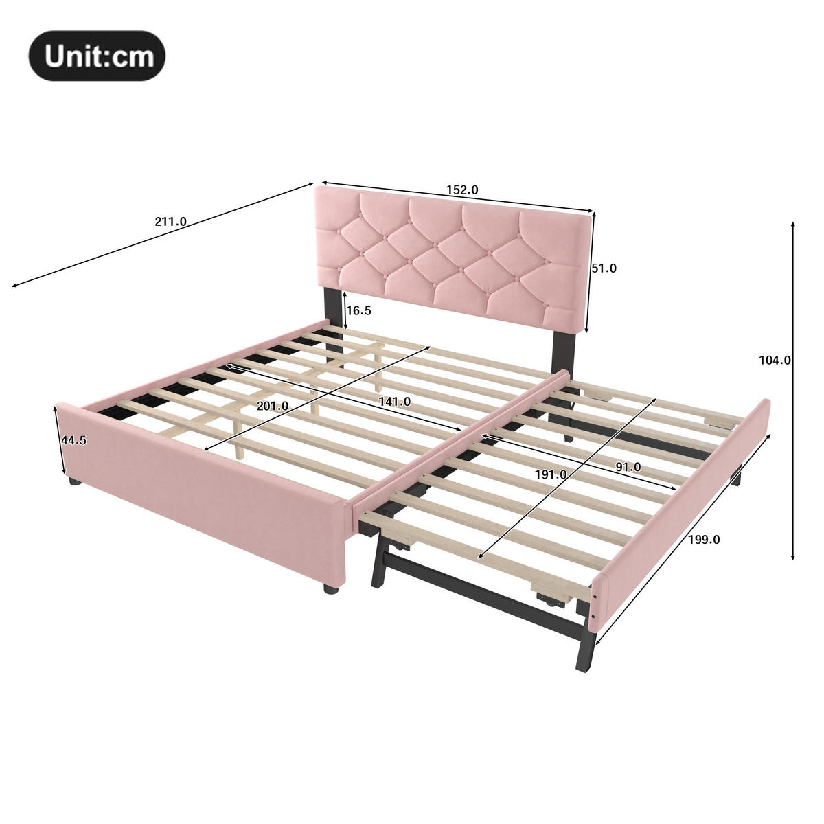 POLSTERBETT 140/200 cm mit Lattenrost, ausziehbarem Rollbett und Samtbezug, Rosa - Rosa, Textil (140/200cm) - Redom