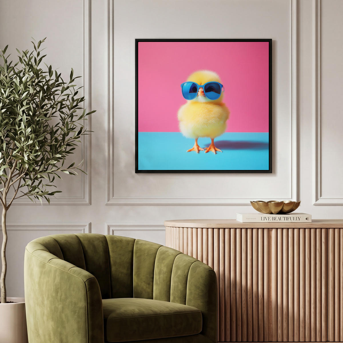 LEINWAND Bilder mit Rahmen - Chick - Sonnenbrille - Blau - 50x50 - Pink, Textil (50/50cm) - MuchoWow