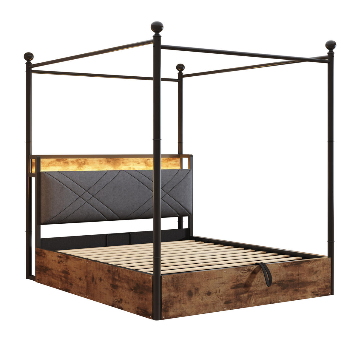 METALLBETT 140/190 cm mit Kopfteil, Stauraum, LED und USB/Type-C in Schwarz - Schwarz, Metall (140/190cm) - BEAOK