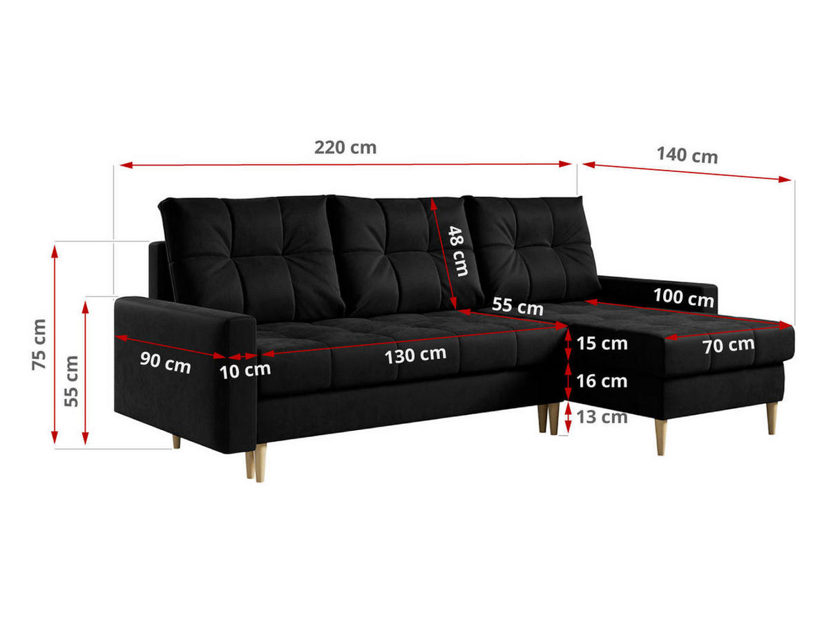 ECKSOFA Astra Schwarz Velvet - Schwarz/Braun, Holz/Textil (220/140cm) - MKS