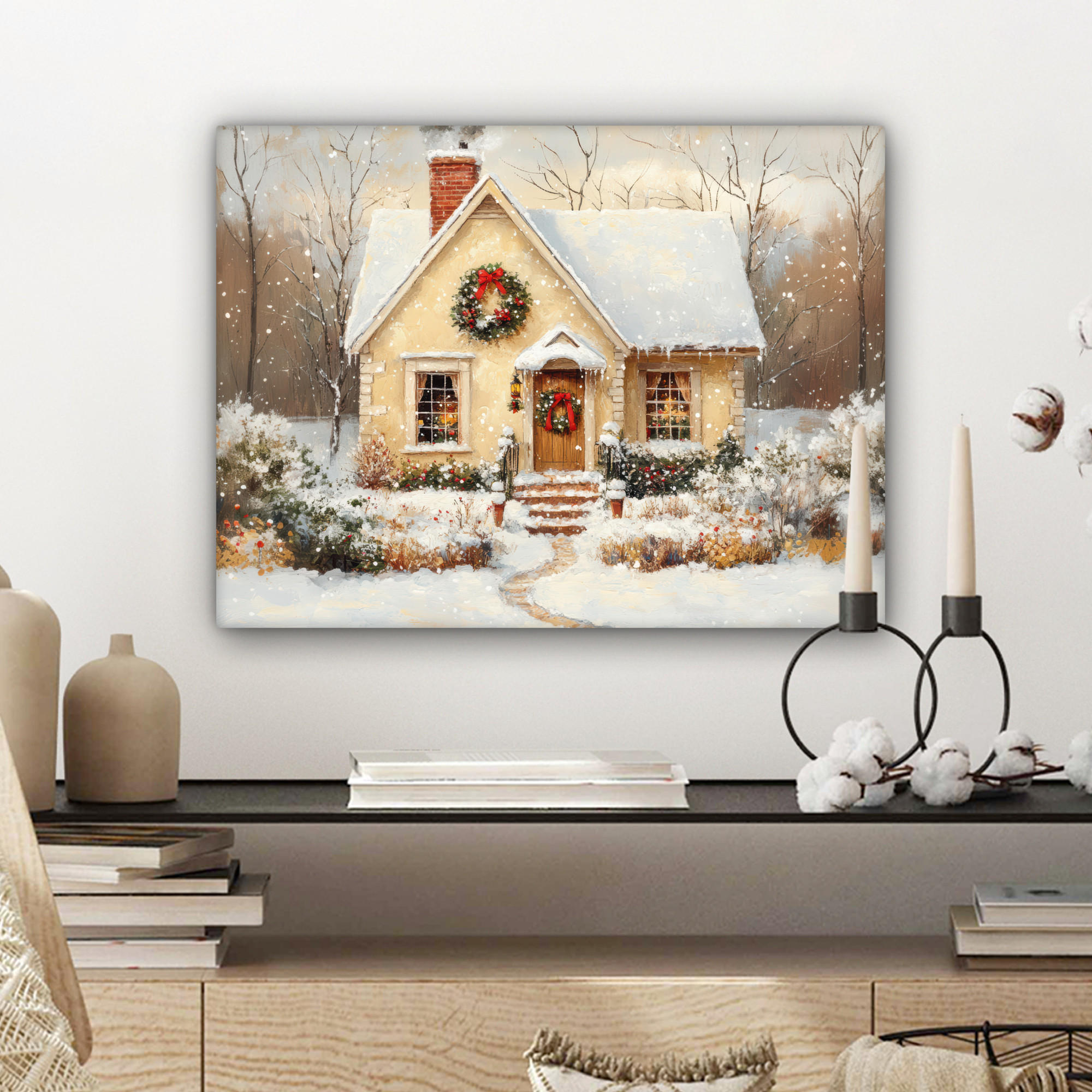 LEINWANDBILD Weihnachten - Zuhause - Winter - Schnee 40x30 cm - Creme, Textil (40/30cm) - MuchoWow