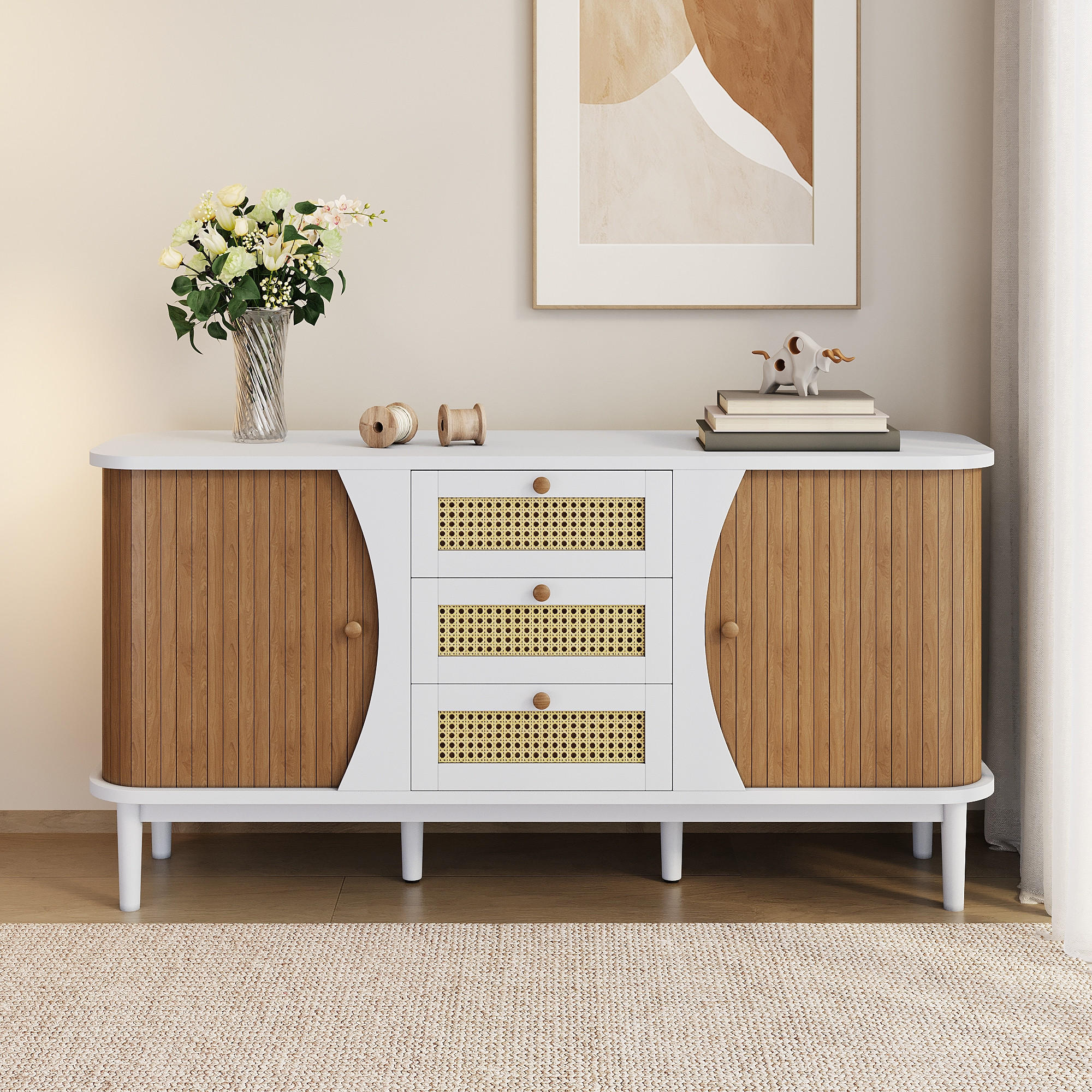 SIDEBOARD in Weiß und Rattan 140,5/40/76 cm - Weiß, Holzwerkstoff (40/76/140.5cm) - Urban Meuble