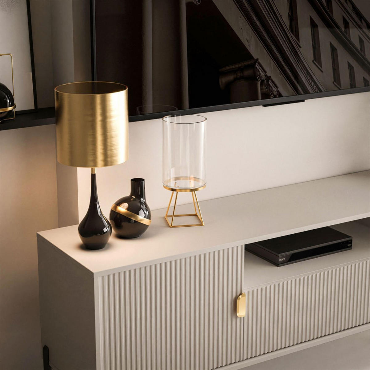TV Rack DALIA 180 cm - Kaschmir/Goldfarben, Holzwerkstoff (179/58/40cm) - Lookway
