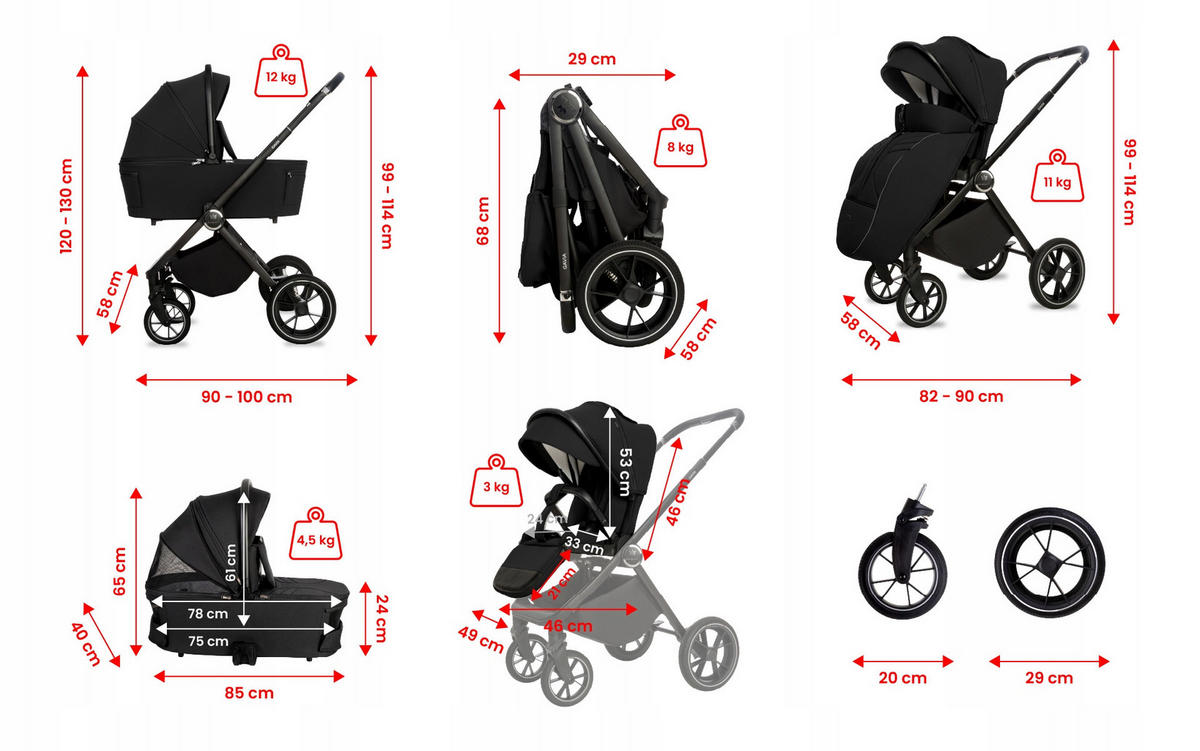 KINDERWAGEN Gavia 3in1 Schwarz Babywanne, Buggy Sportsitz, Babyschale I-Size - Schwarz, Textil/Metall (58/99cm) - BabyLux