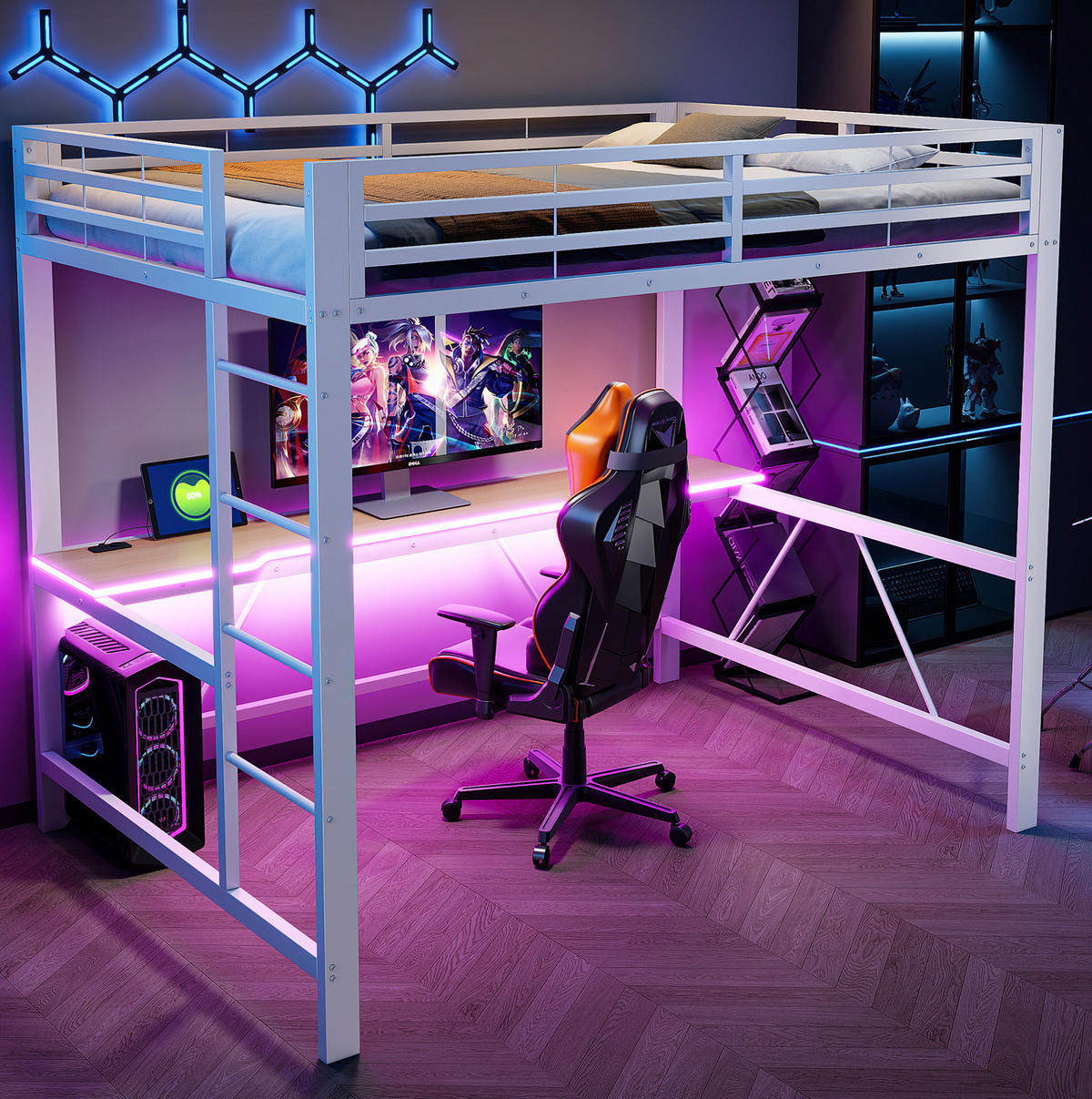 HOCHBETT 140/200 cm aus Metall und MDF mit Schreibtisch, LED-Beleuchtung und USB-Ladestation Weiß - Weiß, Holzwerkstoff (140/200cm) - Modenvie