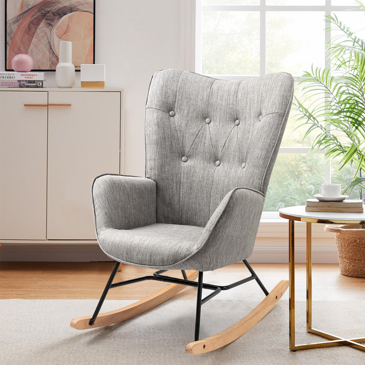 SCHAUKELSTUHL, Stoff, Hellgrau - Grau, Holz/Metall (53/98/85cm) - Meubles Cosy