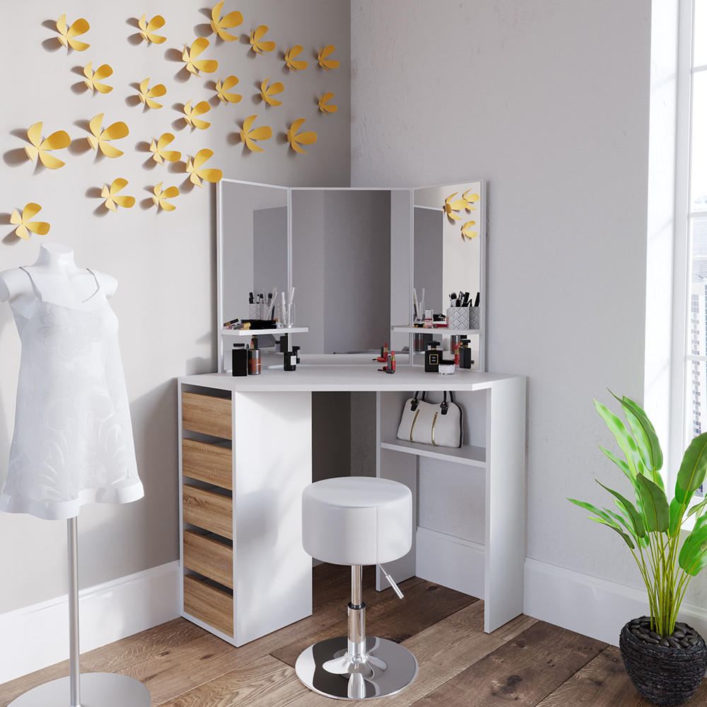 ECKSCHMINKTISCH Arielle Weiß/Sonoma 110 cm mit Hocker - Weiß/Sonoma Eiche, Holzwerkstoff (110/141.5/54cm) - Vicco