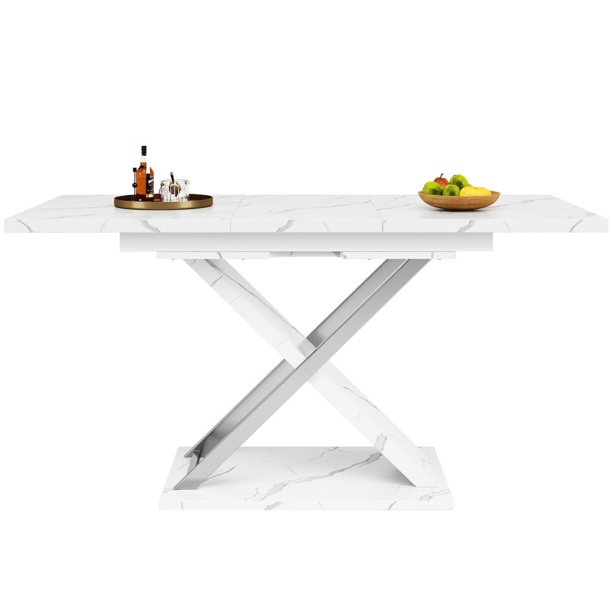 ESSTISCH 118-157x75x76 cm in Weiß aus MDF mit Marmoroptik auf Kreuzgestell ausziehbar - Weiß, Holzwerkstoff (157/75/76.4cm) - Modfu