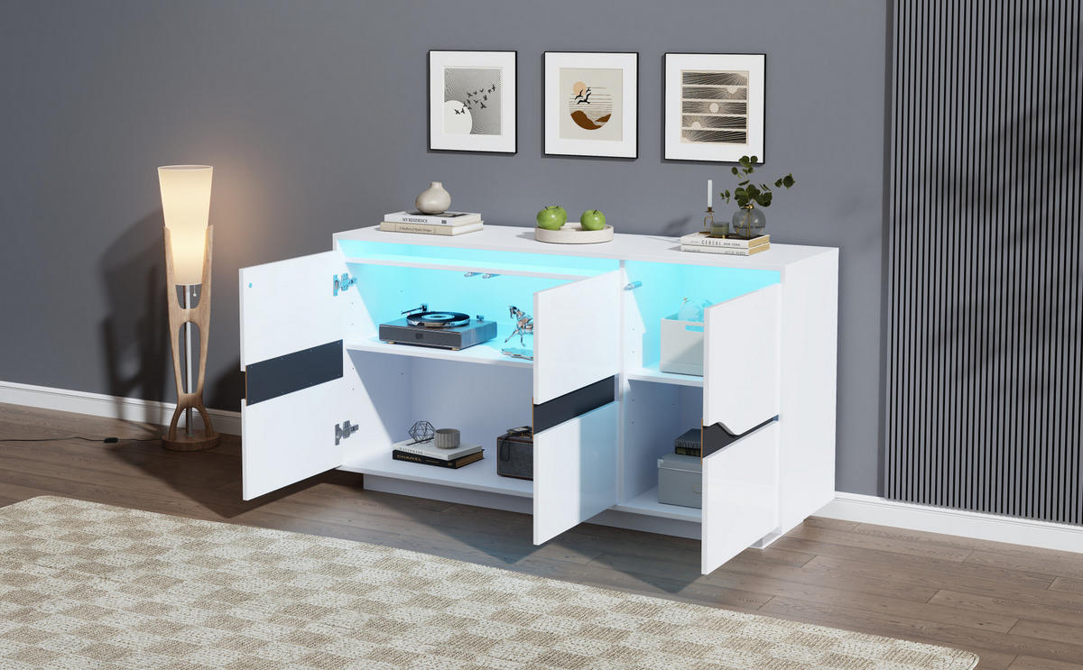 SIDEBOARD 140/40/70 cm mit 3 Türen, verstellbaren Einlegeböden und LED-Beleuchtung in Hochglanz, Weiß/Schwarz - Weiß, Holzwerkstoff (140/70/40cm) - Redom