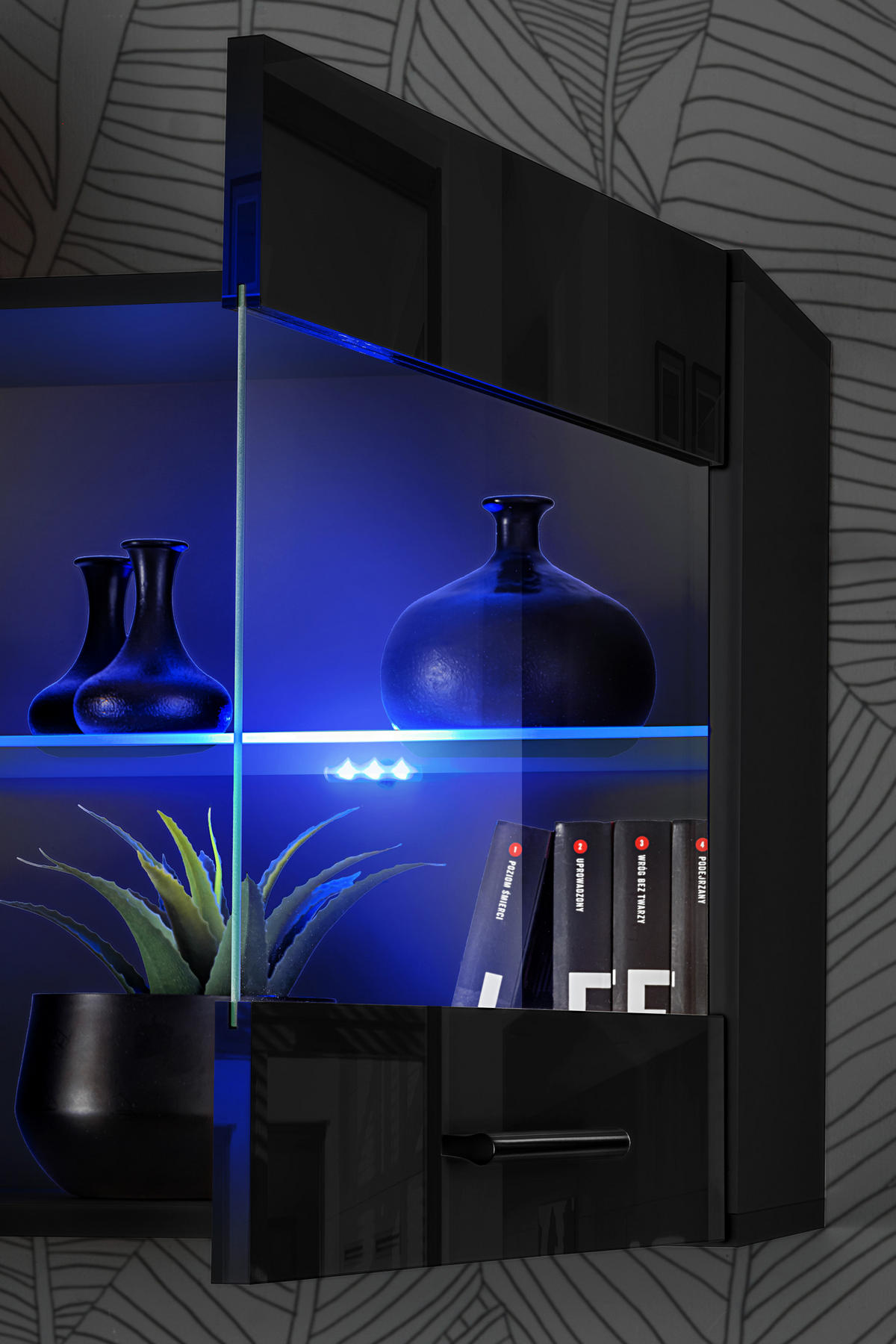 WOHNZIMMERSET Foggia, 6er-Set, Schwarz, Front Hochglanz Schwarz, LED Blau - Schwarz, Glas/Holzwerkstoff (230/190/45cm) - Komodee
