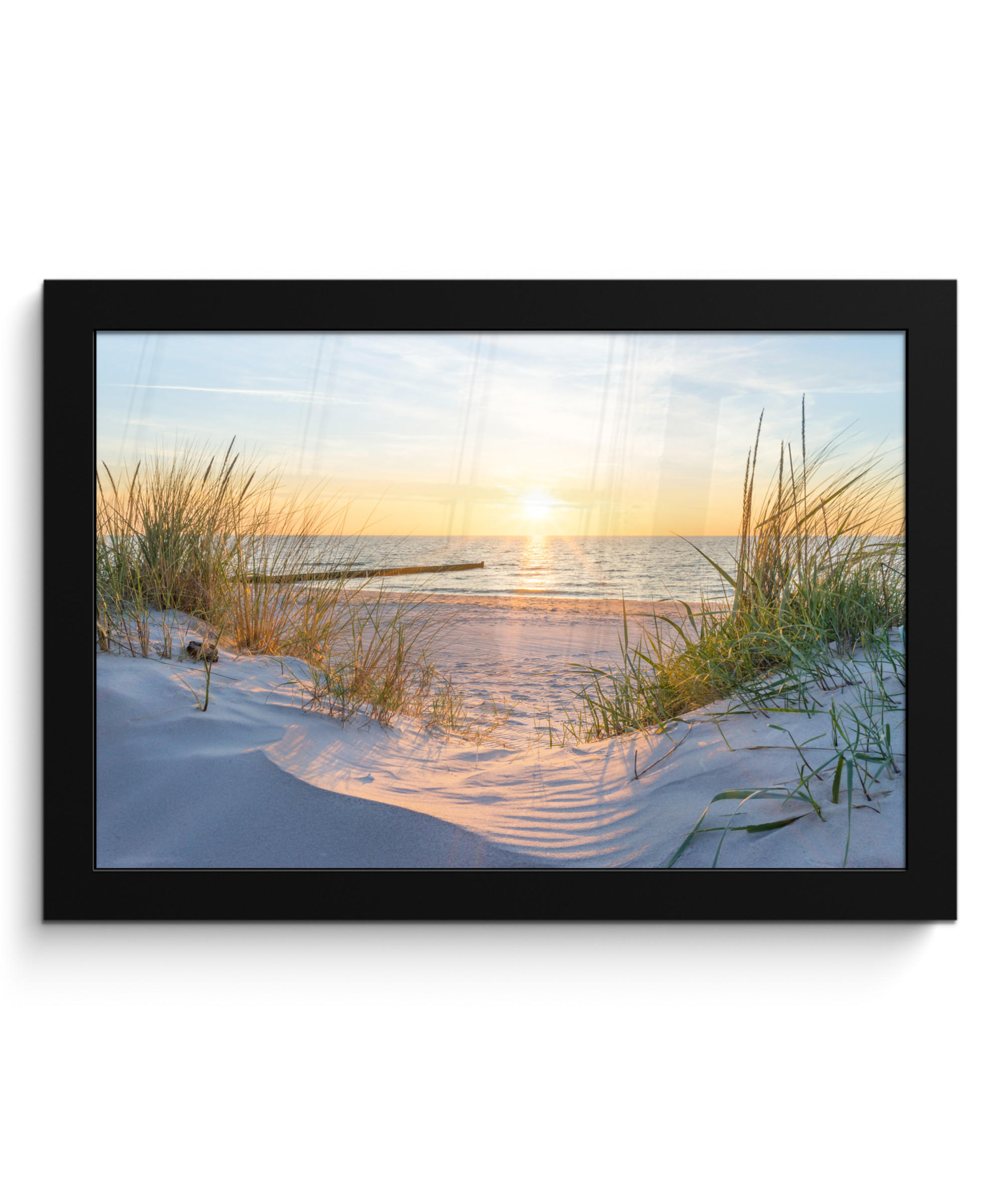 POSTER MIT RAHMEN Strand - Sonne - Düne - Gras - Sand - Horizont 30x20 cm - Hellblau, Papier (30/20cm) - MuchoWow