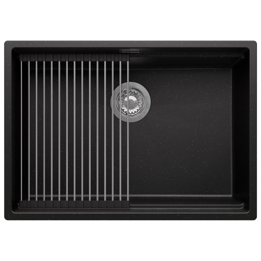 UNTERBAUSPÜLE GRANIT Praga, 2-er set Schwarz Metallic 66/47 cm 1 Becken + Ablauf-Set + Aufrollbare Abtropffläche ab 70er Unterschrank - Chromfarben/Schwarz Hochglanz, Kunststoff (66/20/47cm) - Primagran