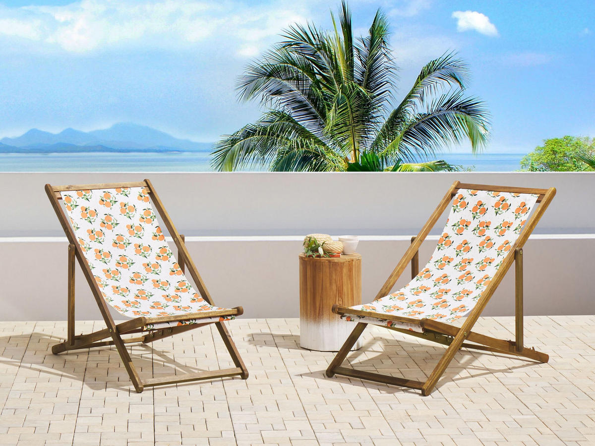 GARTENLIEGE 2er-Set hellbraun Textil weiß/mehrfarbig Orangenmotiv Anzio - Hellbraun/Multicolor, Textil (54/70/97cm) - Beliani