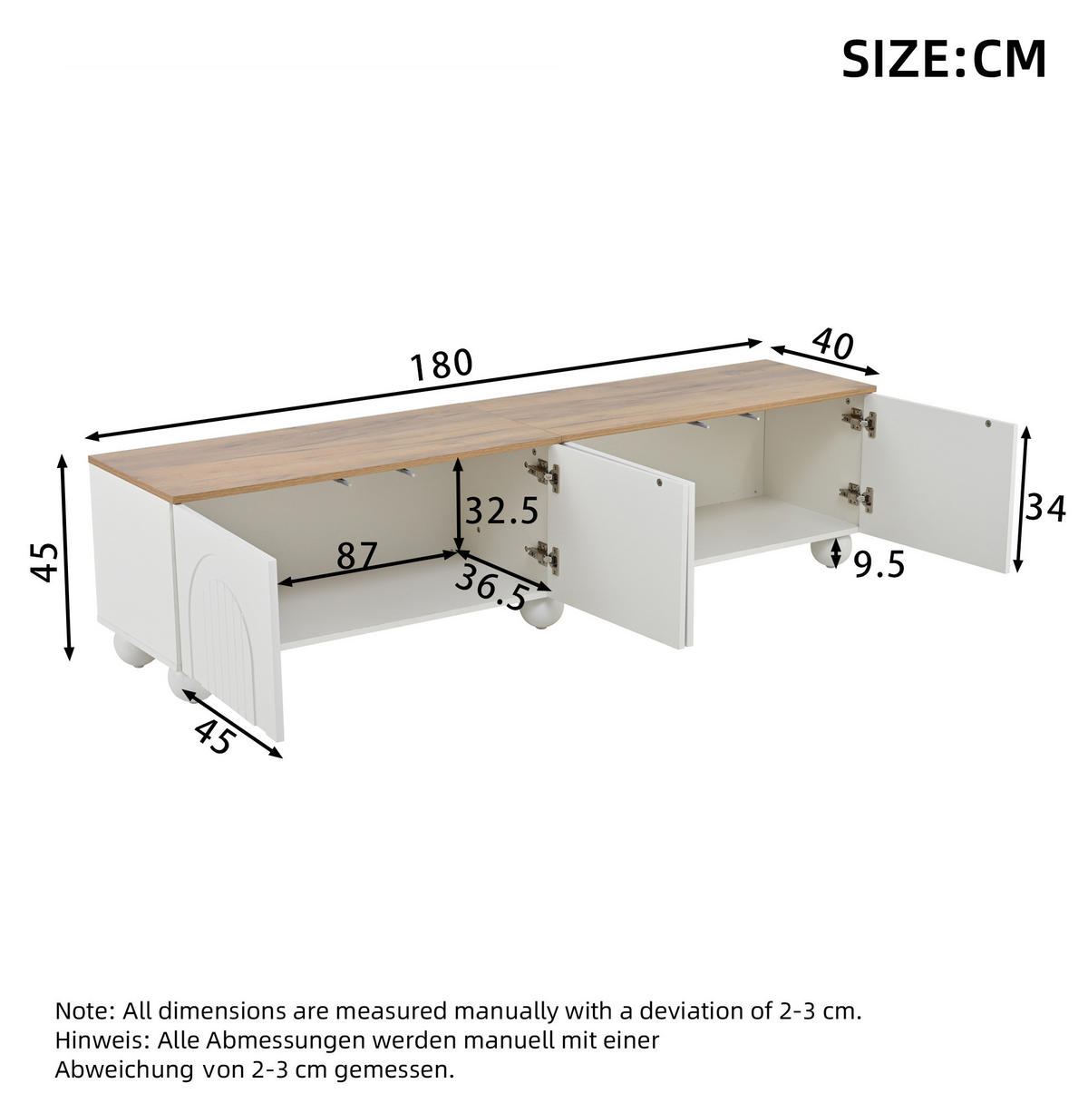 TV-LOWBOARD 180/40/45 cm mit 4 Türen und Push-to-Open-System - Weiß, Holzwerkstoff (180/45/40cm) - BEAOK