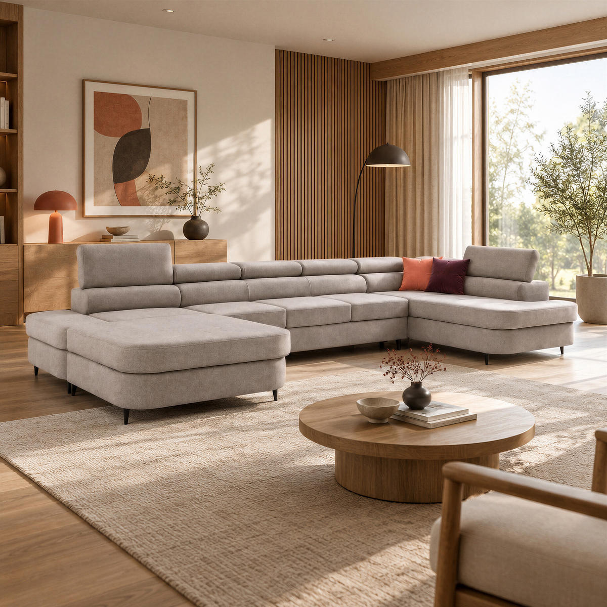 ECKSOFA U-Form PRIAM MAXI U Rechts mit Schlaffunktion 125x317 Velours Beige - Beige/Schwarz, Holz/Textil (400/91/203cm) - Muffo