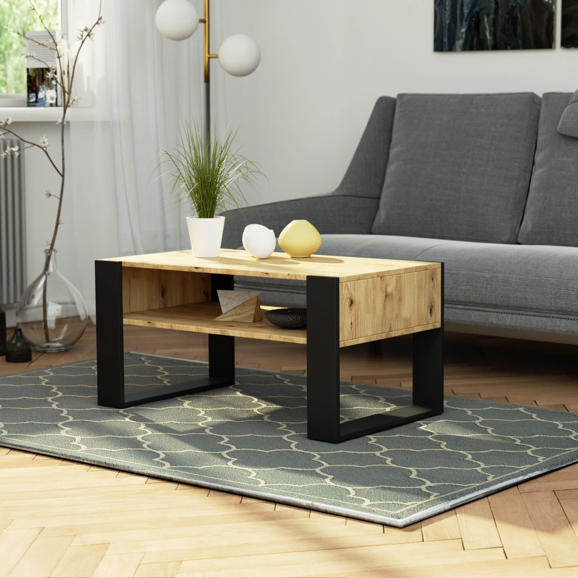 COUCHTISCH Eiche Artisan, Schwarz 92 x 45 x 53 cm - Schwarz/Eiche Artisan, Holzwerkstoff (53/92/45cm) - Akord