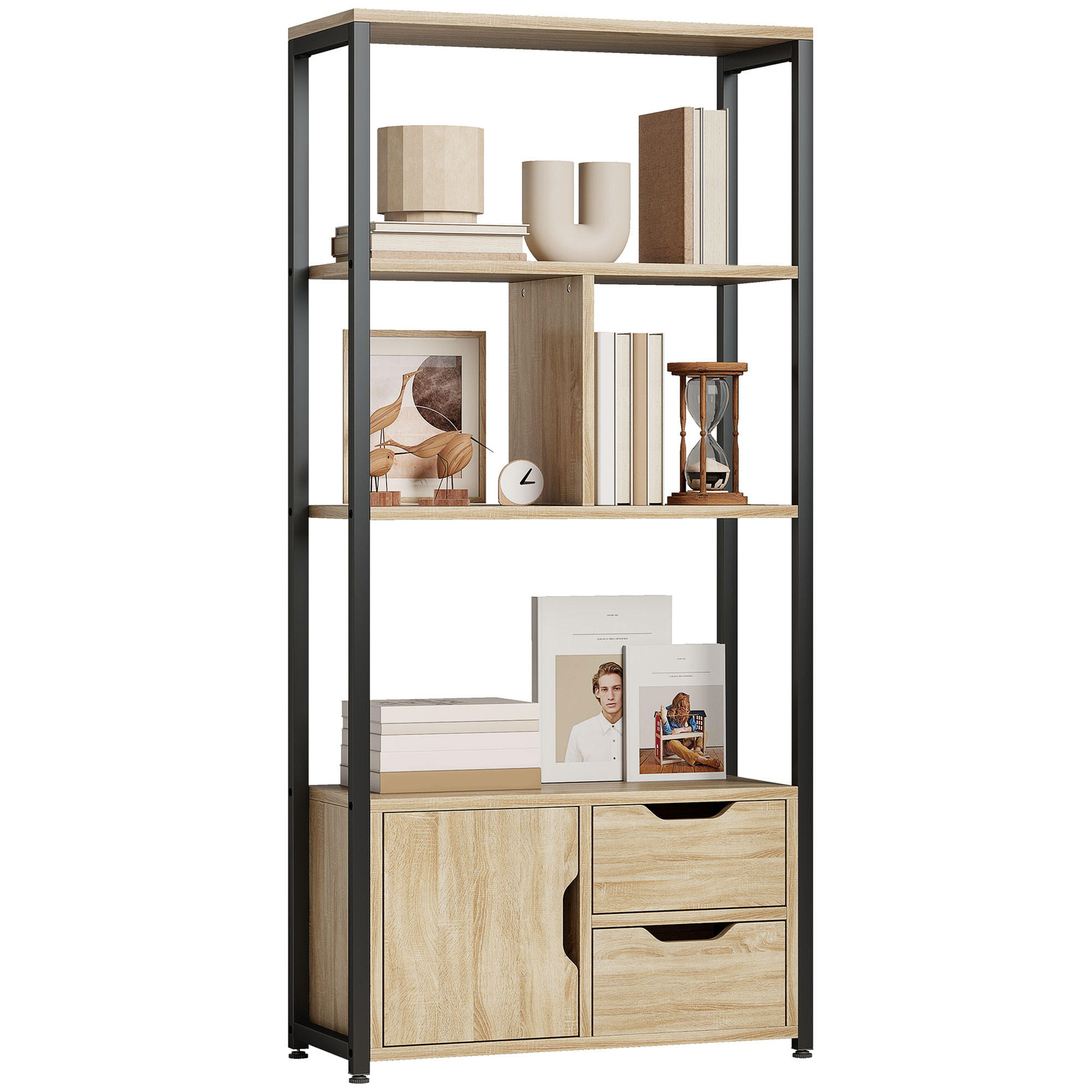 REGAL DE-15558 58/24/122 cm, 3 Ablagen und 2 Schubladen Naturholz/Schwarz - Naturfarben, Holzwerkstoff (58/122/24cm) - ComfortXL