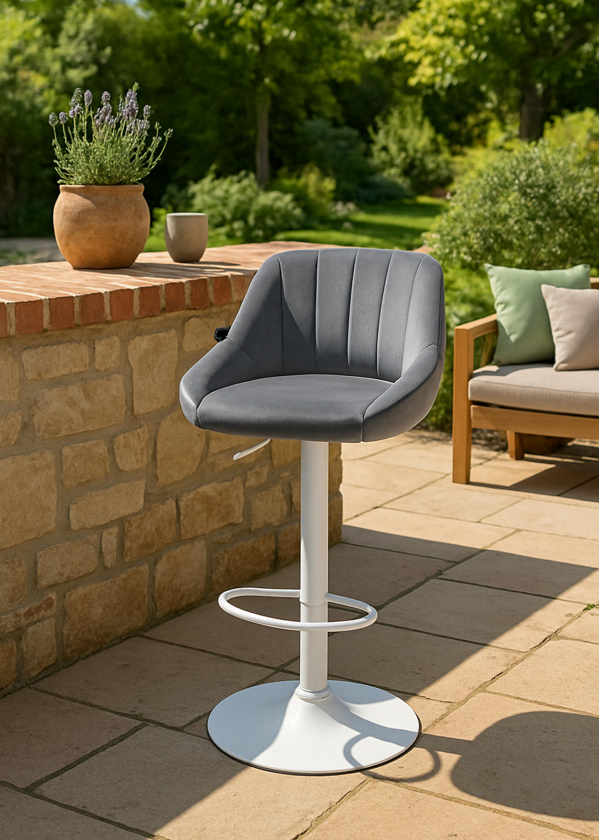 BARHOCKER Milos Samt weiß dunkelgrau - Weiß/Grau, Textil/Metall (47/106/48cm) - TPFLiving