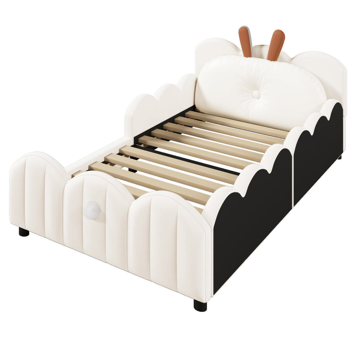 KINDERBETT 90/200 cm in Beige Samt mit Schutzgeländern und Kaninchenkissen - Beige, Holzwerkstoff/Textil (90/200cm) - CHICFURN