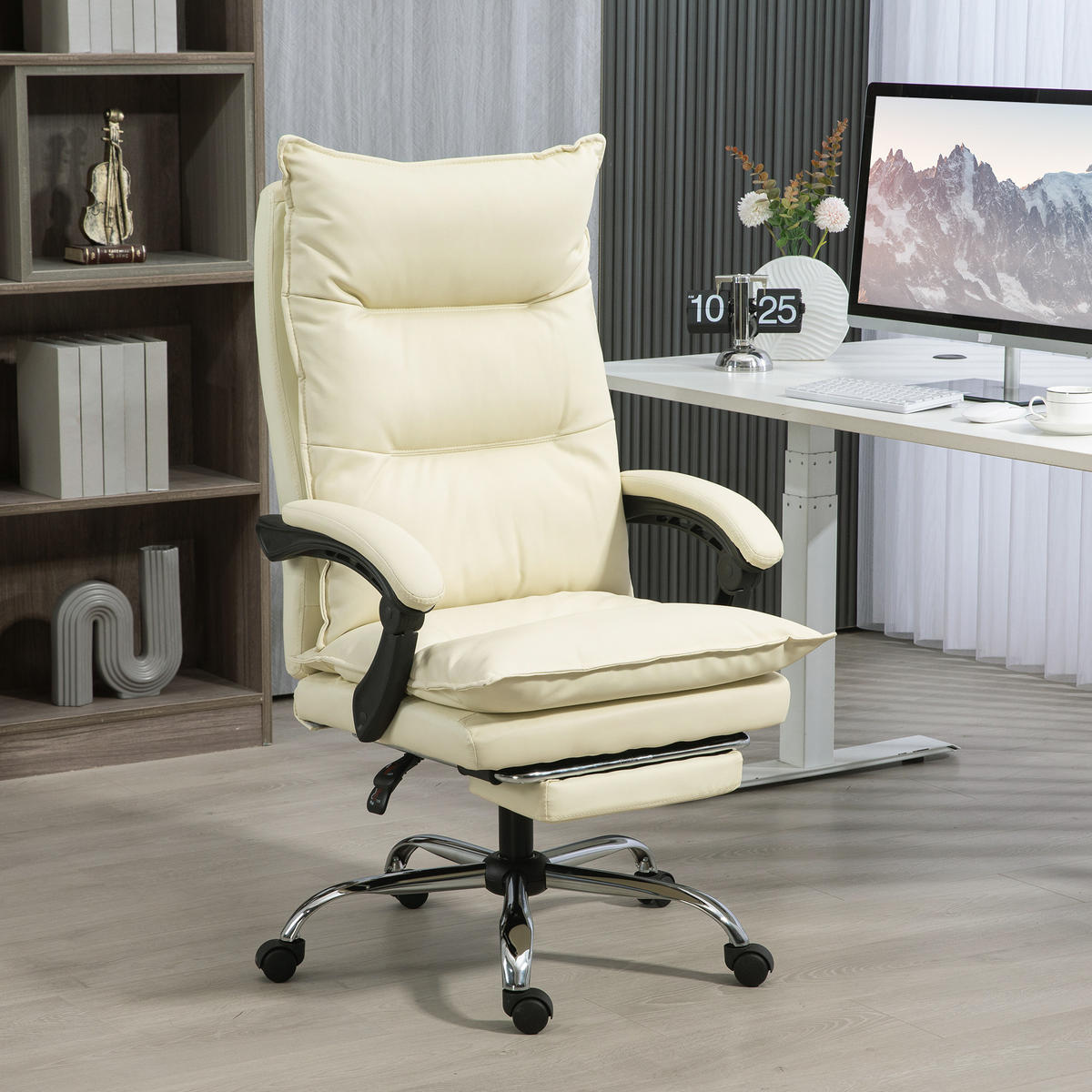 BÜROSTUHL höhenverstellbarer Schreibtischstuhl mit Liegefunktion, Fußstütze - Beige, Kunststoff (72/130/66cm) - Vinsetto