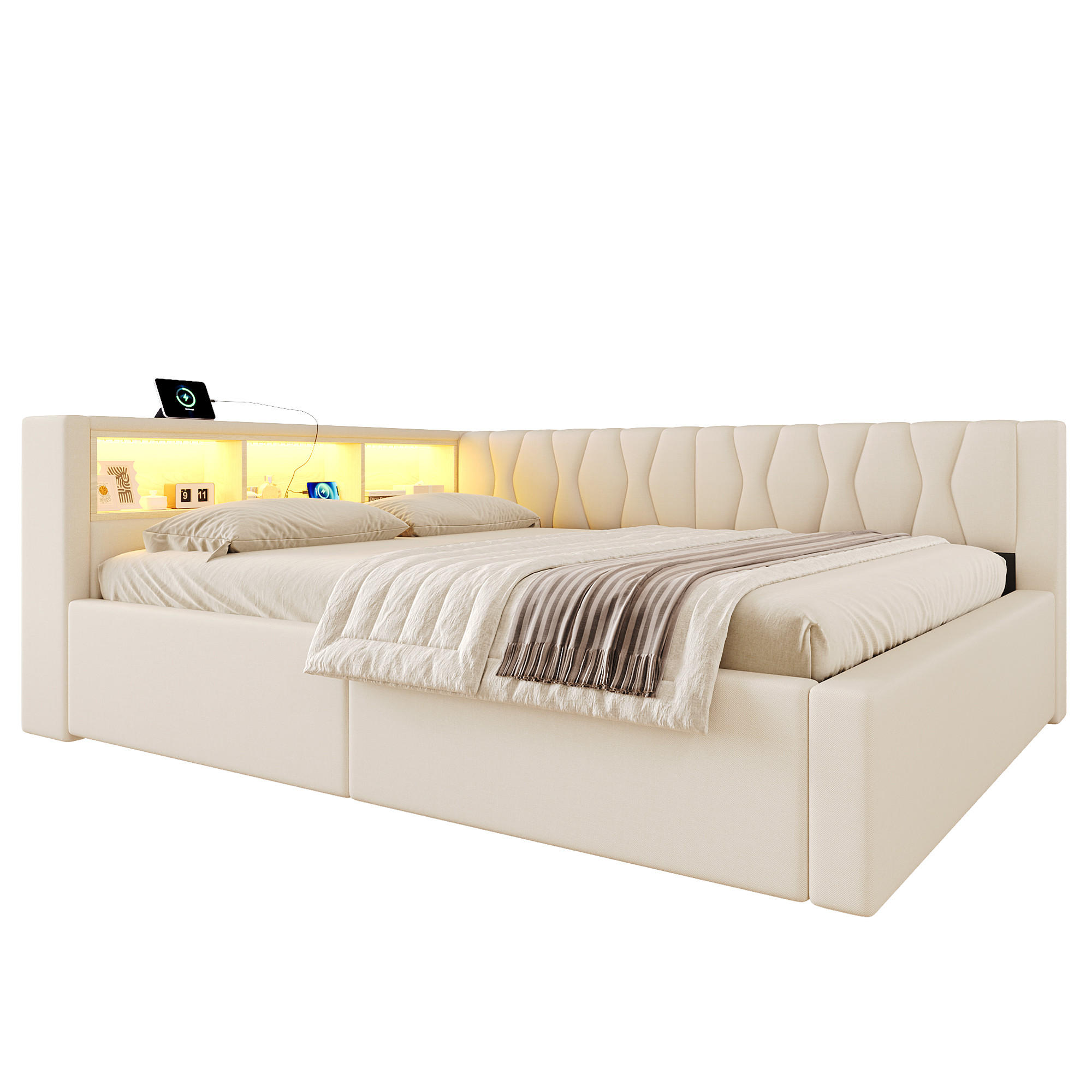 TAGESBETT 140x200cm Schlafsofa Hydraulik LED USB Beige - Beige, Naturmaterialien (140/200cm) - FLIEKS