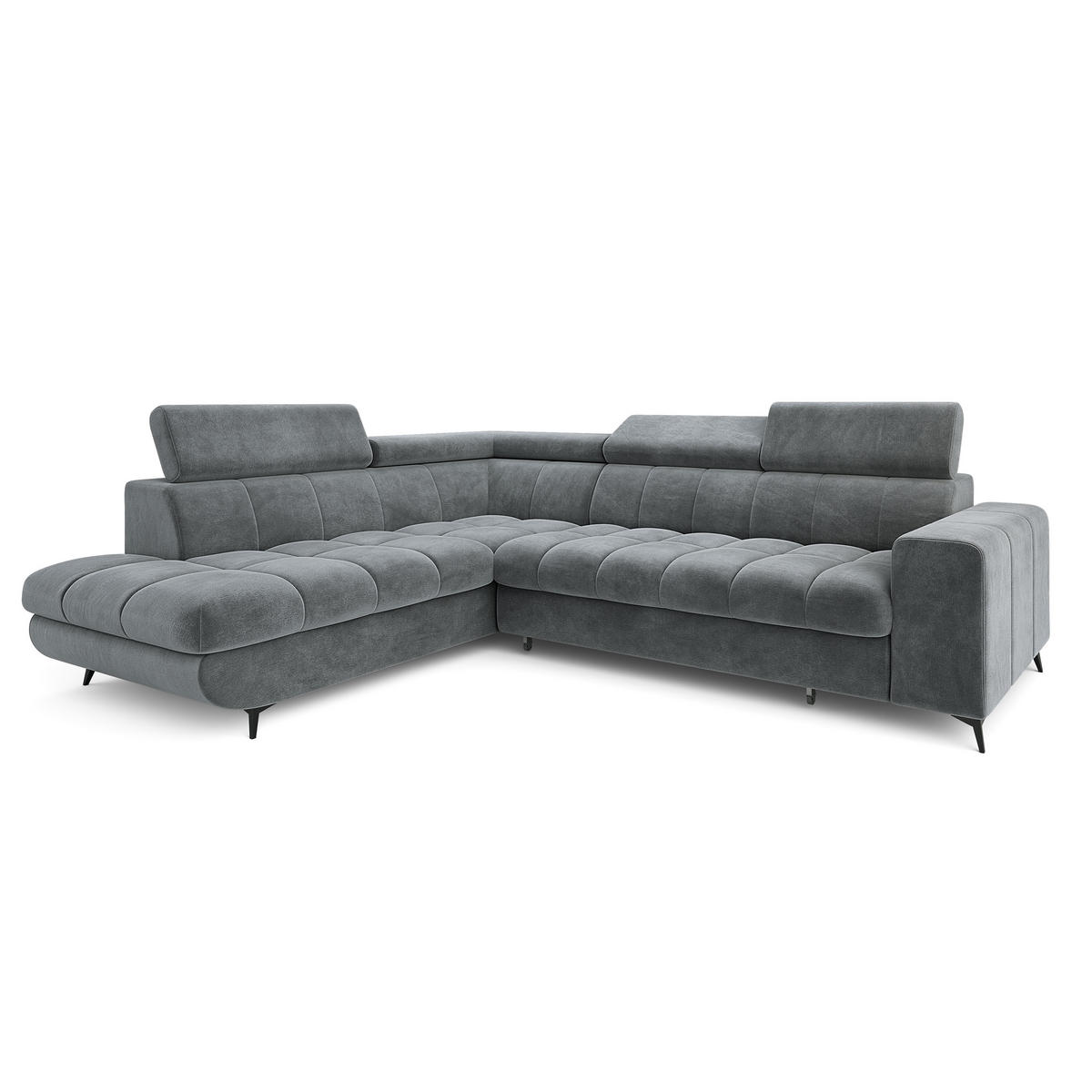 ECKSOFA MORIVA L-S Grau Velours-Stoff mit Schlaffunktion - Grau, Holz (253/190cm) - MASSENO
