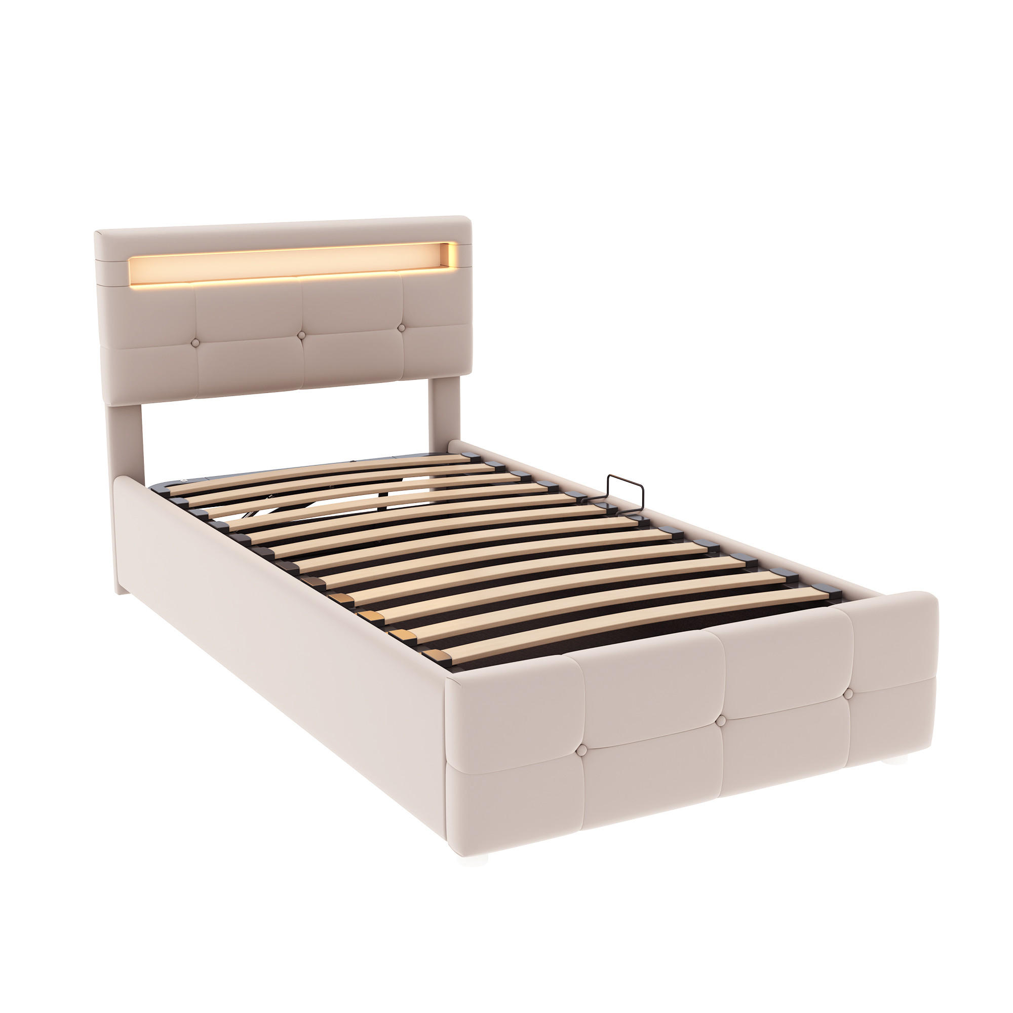 POLSTERBETT 90/200 cm beige mit LED-Beleuchtung und hydraulischem Stauraum - Beige, Textil (90/200cm) - OKWISH