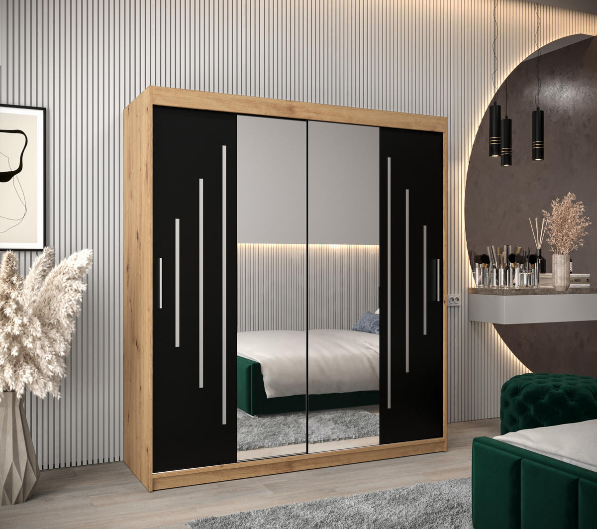 SCHWEBETÜRENSCHRANK 200/180/62 2-türig - Silberfarben/Schwarz, Holz/Kunststoff (180/200/62cm) - Abiks Möbel