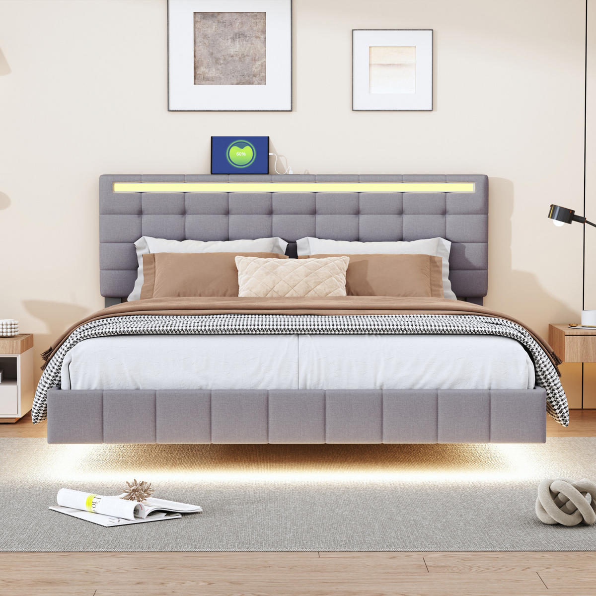 POLSTERBETT 160/200 cm grau mit LED, USB und Kopfteil - Grau, Holz