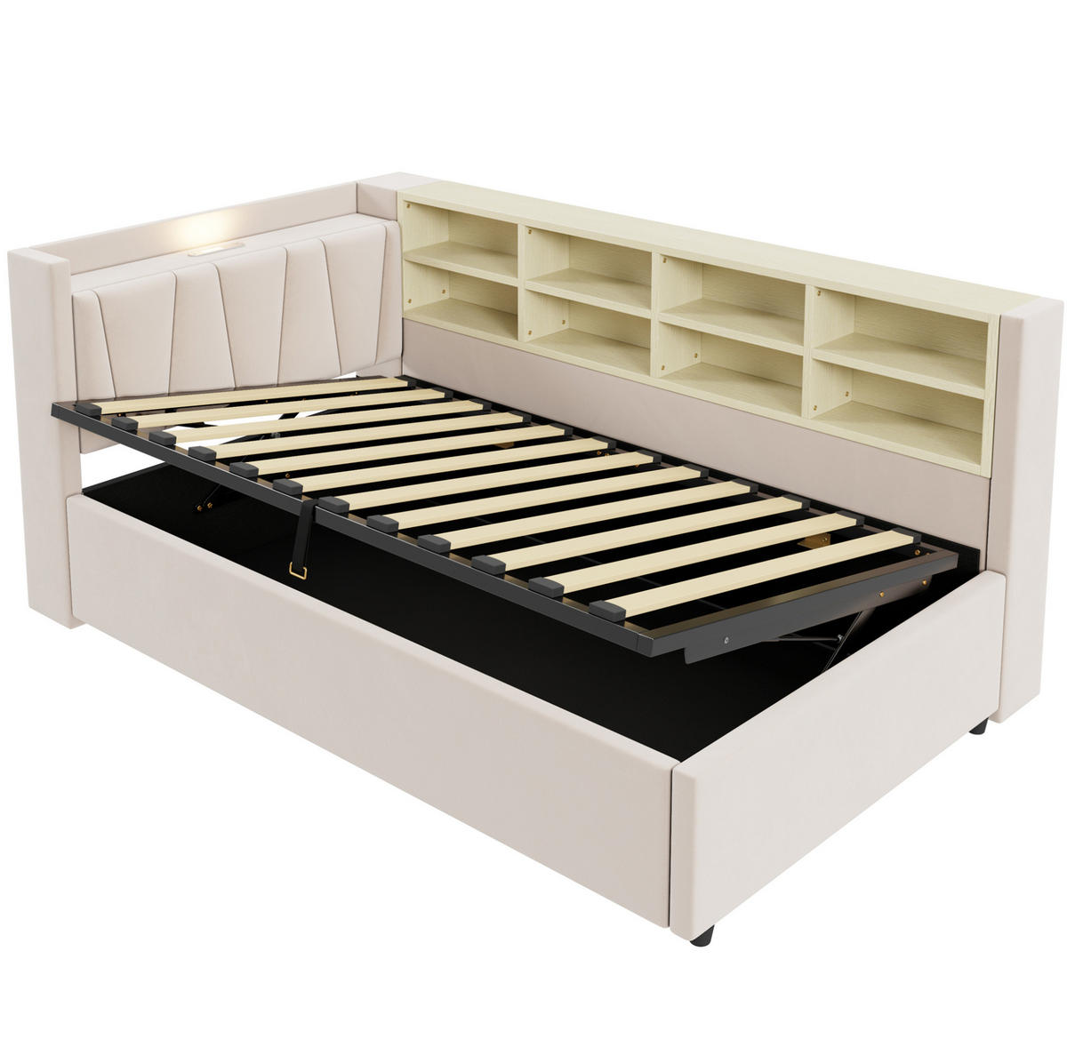 POLSTERBETT Schlafsofa aus Samt 90x200 cm Beige mit hydraulischem Stauraum, Nachtlicht, USB- und Typ-C-Anschluss - Beige, Textil (90/200cm) - Modfu