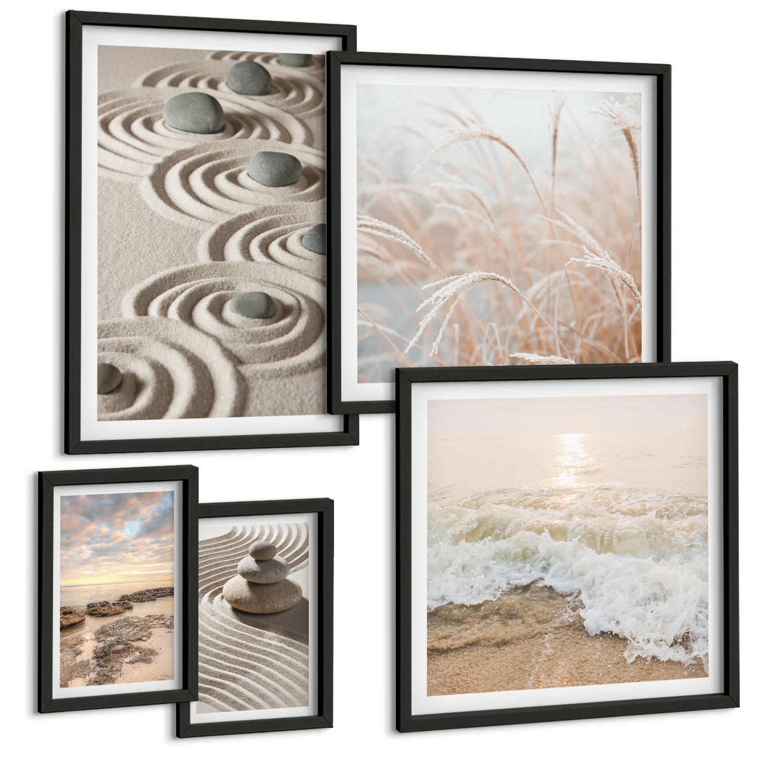 BILDER SET 5er Set - 50x50 cm & 20x30 cm & 40x60 cm Schwarzer Rahmen - Blumen im Wasser des Buddha-Wasserfalls - Schwarz, Kunststoff (40/60cm) - TULUP