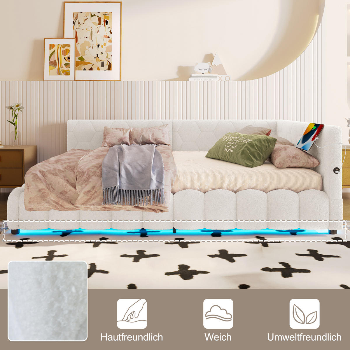 TAGEBETT 140x200cm Weiß Vliesimitat LED-Licht Hydraulik USB-C - Weiß, Holz (140/200cm) - FLIEKS