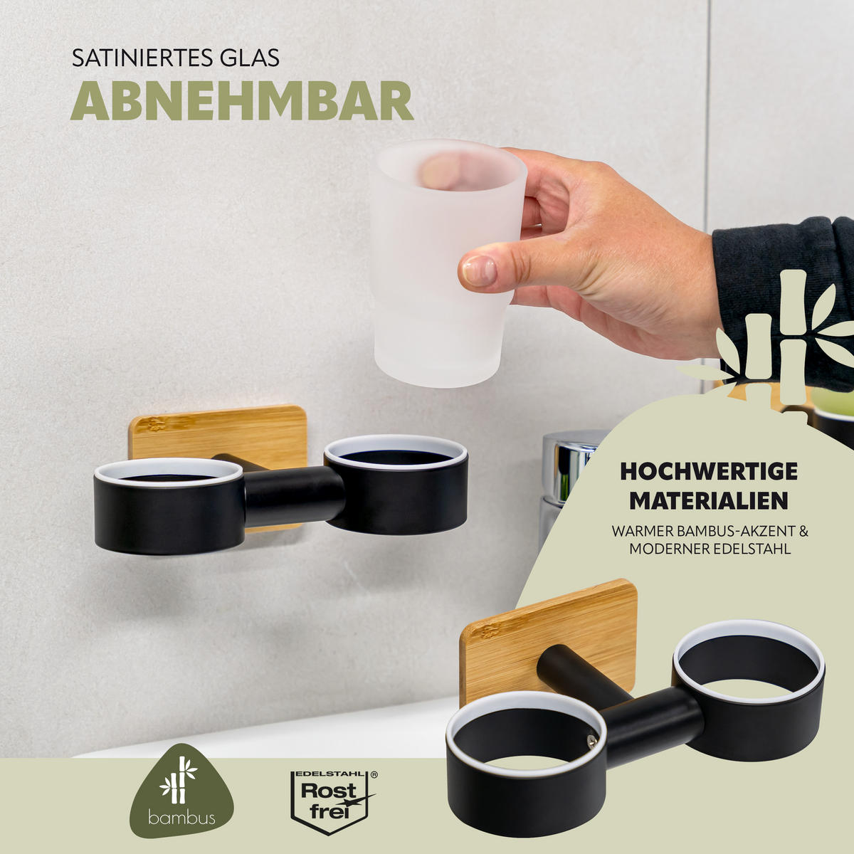 DOPPELBECHERHALTER PIAZZA BLACK TAPE BAMBUS, Edelstahl, Bambus, schwarz - Schwarz, Metall (18/11/10cm) - bremermann