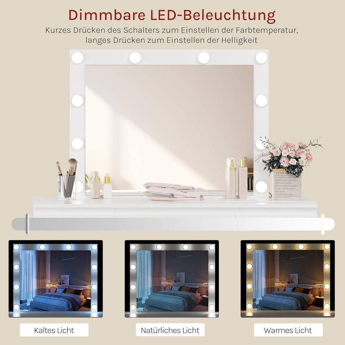 SCHMINKTISCH mit LED-Beleuchtung Steckdose Spiegel, Weiß - Weiß, Glas/Holzwerkstoff (110/140.5/39.5cm) - Woltu