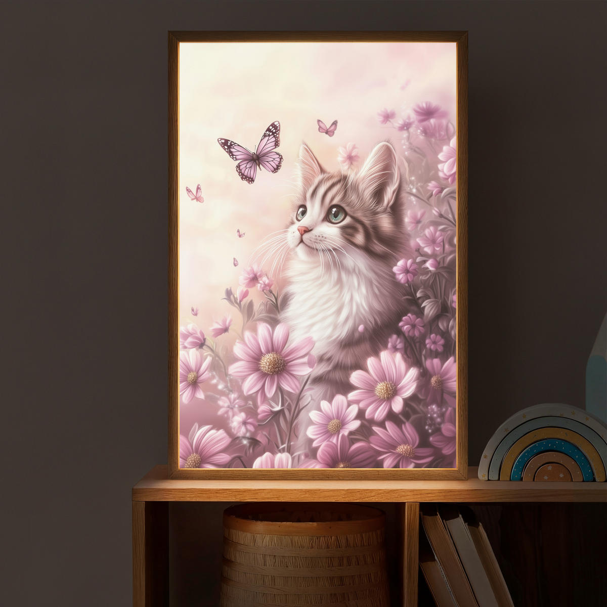 NACHTTISCHLAMPE MIT AKKU Kätzchen - Blumen - Schmetterlinge - Lila 40x60 cm - Altrosa, Holzwerkstoff (8/40/60cm) - OnlyWow