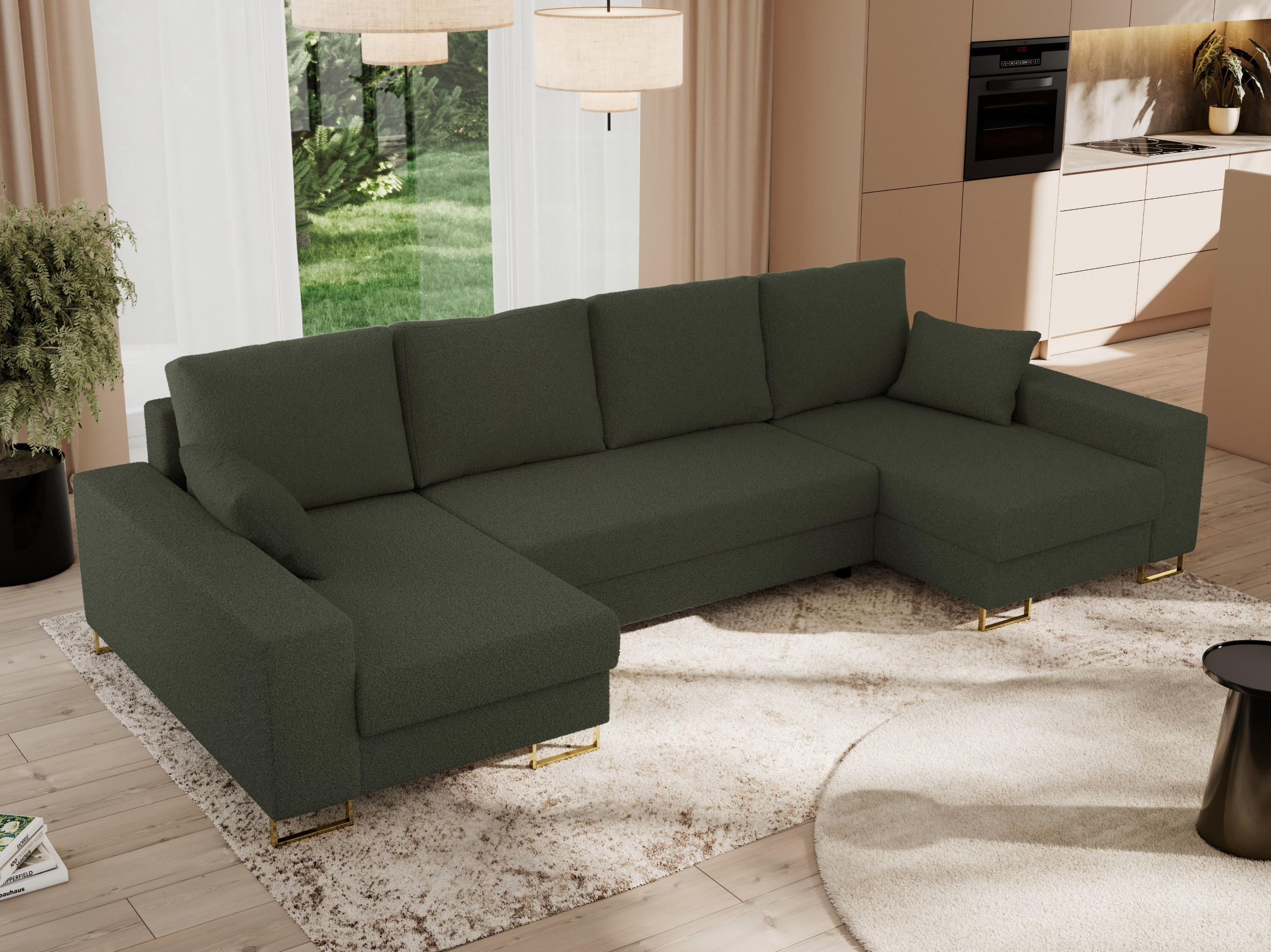 WOHNLANDSCHAFT DORIAN U Bouclé Grün - Goldfarben/Grün, Textil/Metall (312/95/138cm) - MKS