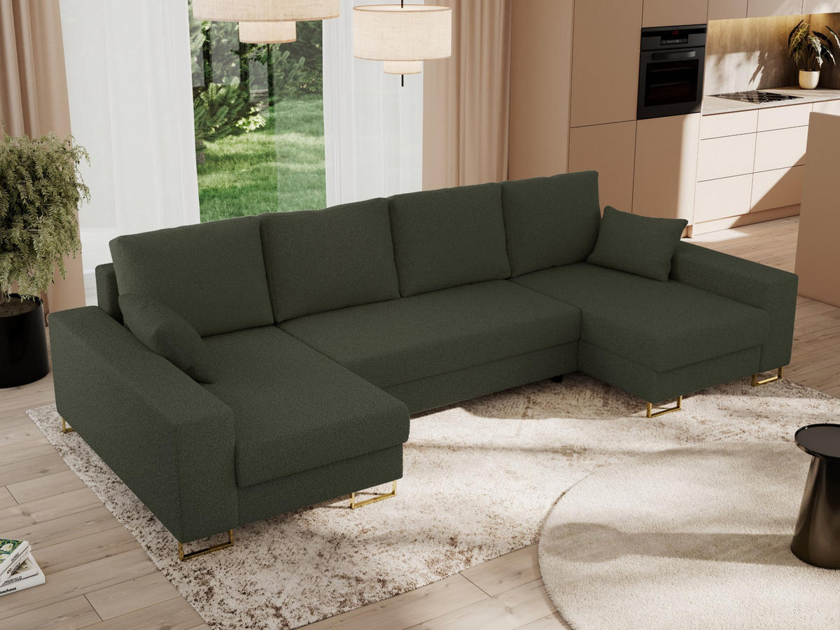 WOHNLANDSCHAFT DORIAN U Bouclé Grün - Goldfarben/Grün, Textil/Metall (312/95/138cm) - MKS