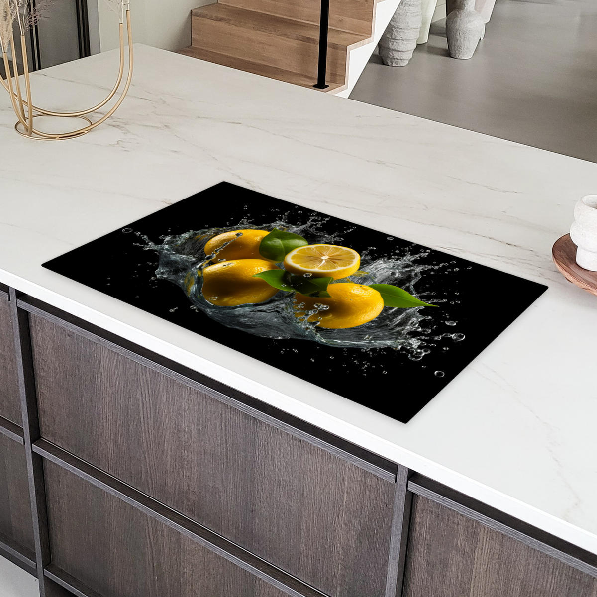 HERDABDECKPLATTE Zitrone - Obst - Gelb - Schwarz 91x52 cm - Gelb, Kunststoff (91.6/52.7/0.2cm) - MuchoWow