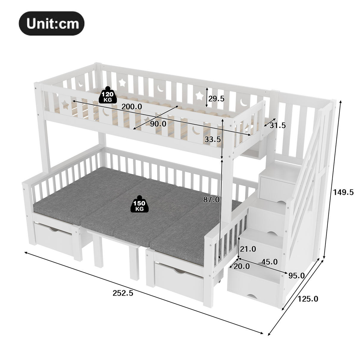 HOCHBETT aus Kiefernholz 90x200 cm in Weiß mit Schreibtisch & Stauraumleiter - Weiß, Holz (90/200cm) - Modfu