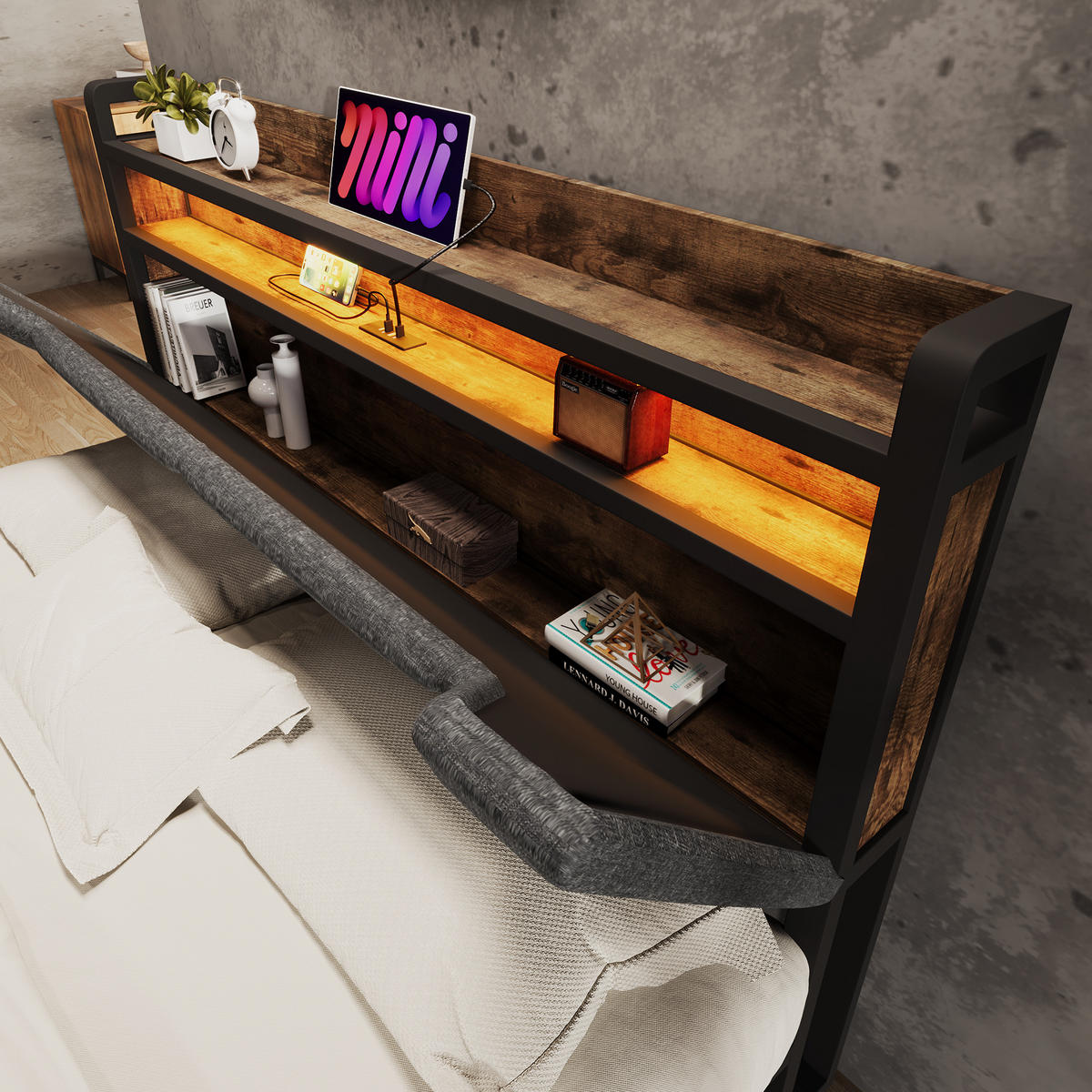 POLSTERBETT 140/200 cm grau mit Stauraum-Kopfteil und LED-Beleuchtung - Grau, Textil (160/200cm) - OKWISH