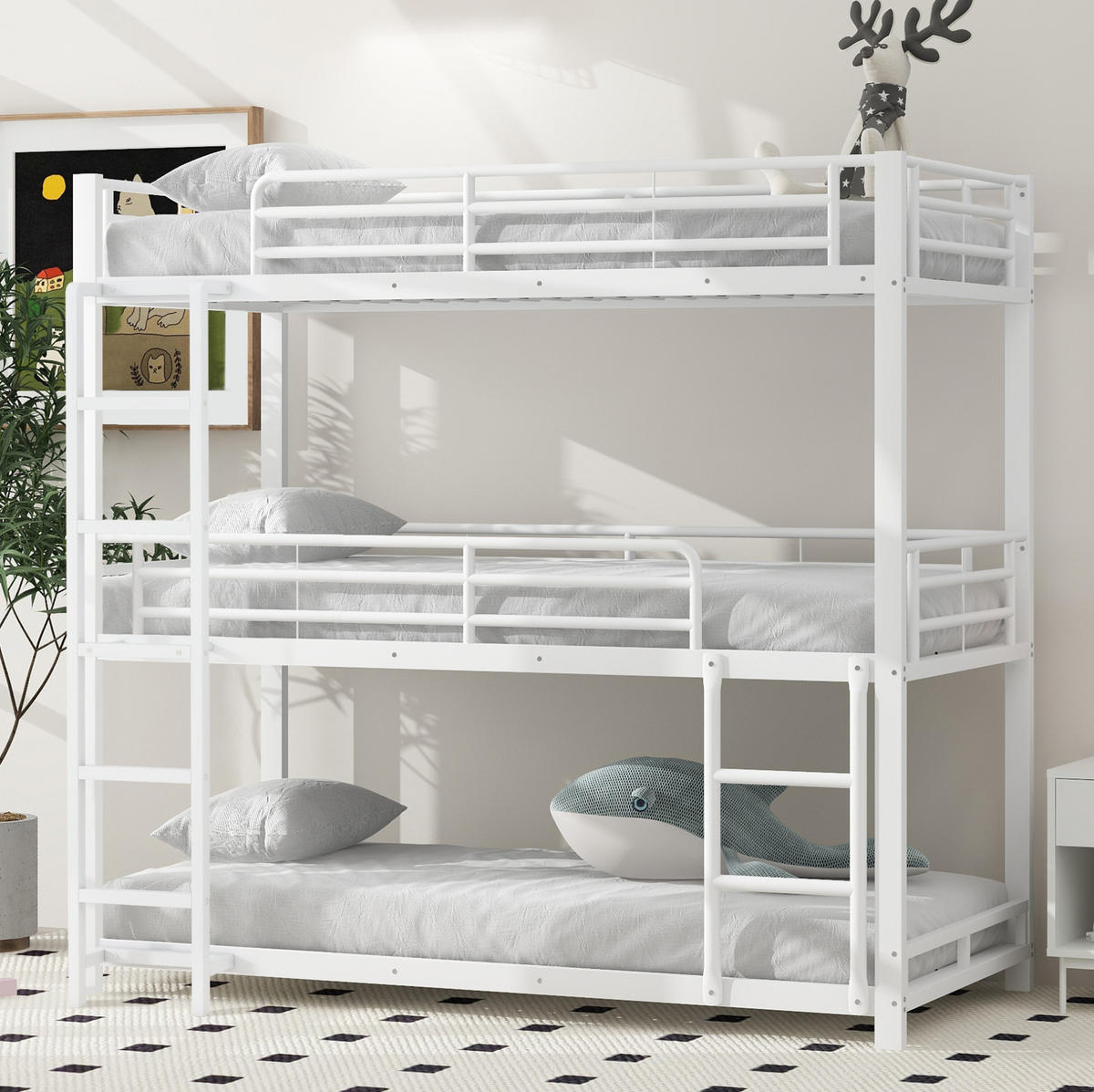 ETAGENBETT 90/200 cm aus Metall in Weiß, Dreifachbett mit Leiter - Weiß, Metall (90/200cm) - OKMYHOME