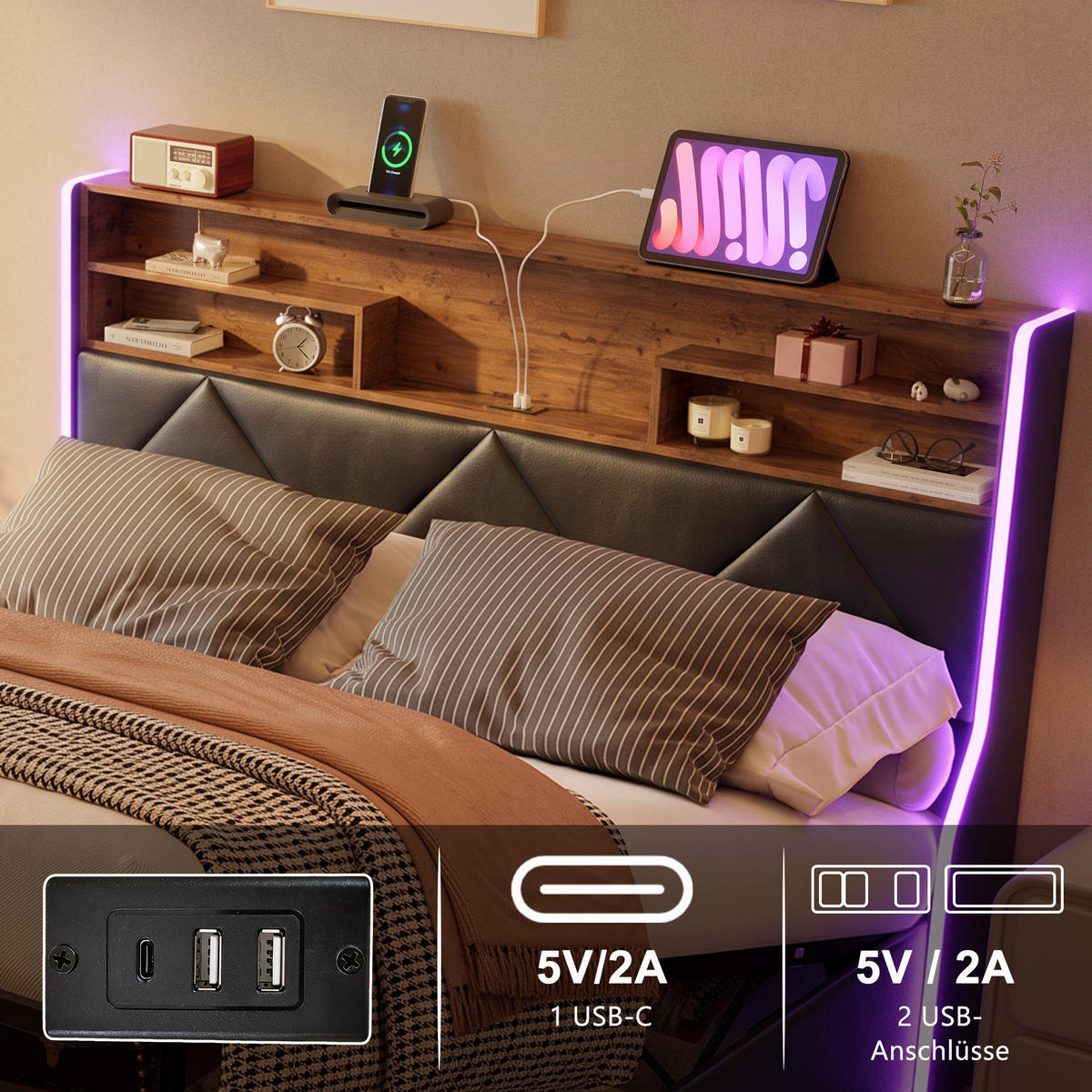 POLSTERBETT 140/200 cm,Stauraumbett mit Bettkasten LED USB und Lattenrost - Grau, Holz/Textil (140/200cm) - PARAFTA HOME