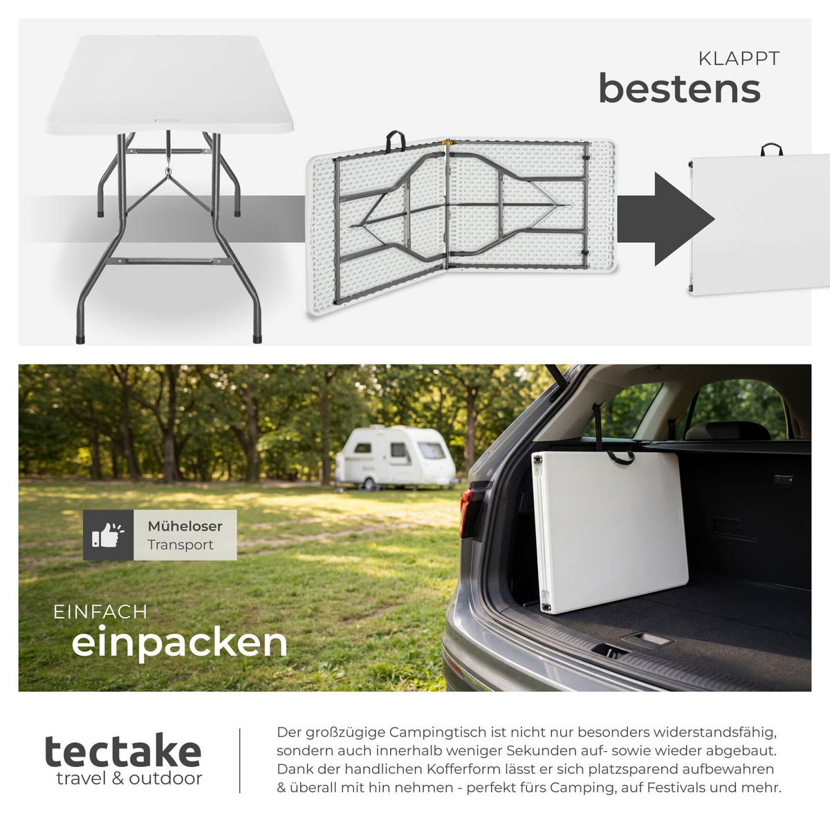 CAMPINGTISCH Panja, gummierter Tragegriff, weiß - Weiß, Kunststoff (70/180/74cm) - tectake