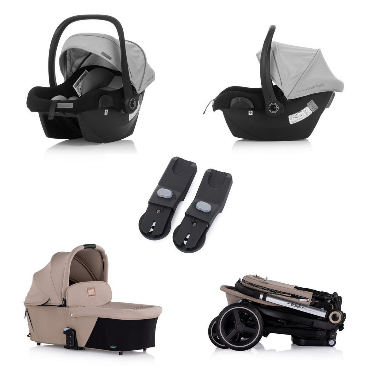 KINDERWAGEN Elite 3 in 1 braun i-Size Babyschale Sportsitz Babywanne Tasche - Braun, Metall (75/58/111cm) - Chipolino