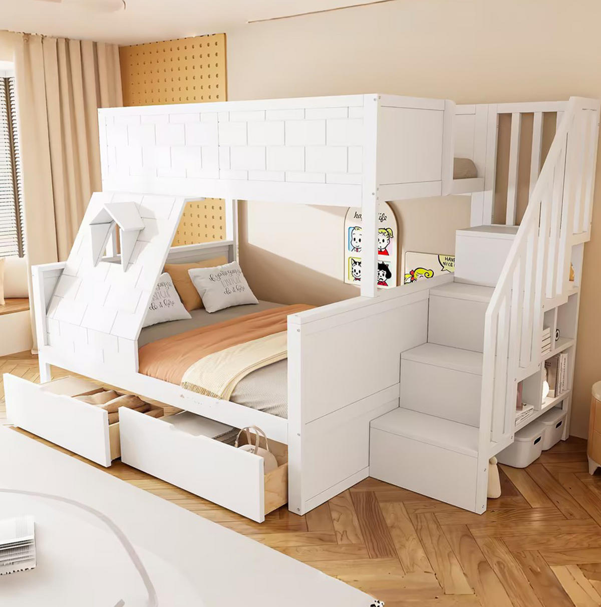 PATROVÁ postel 90/200 a 140/200 cm bílá z borovice se schodištěm, zásuvkami a oknem - bílá, kompozitní dřevo (90/200cm) - OKWISH