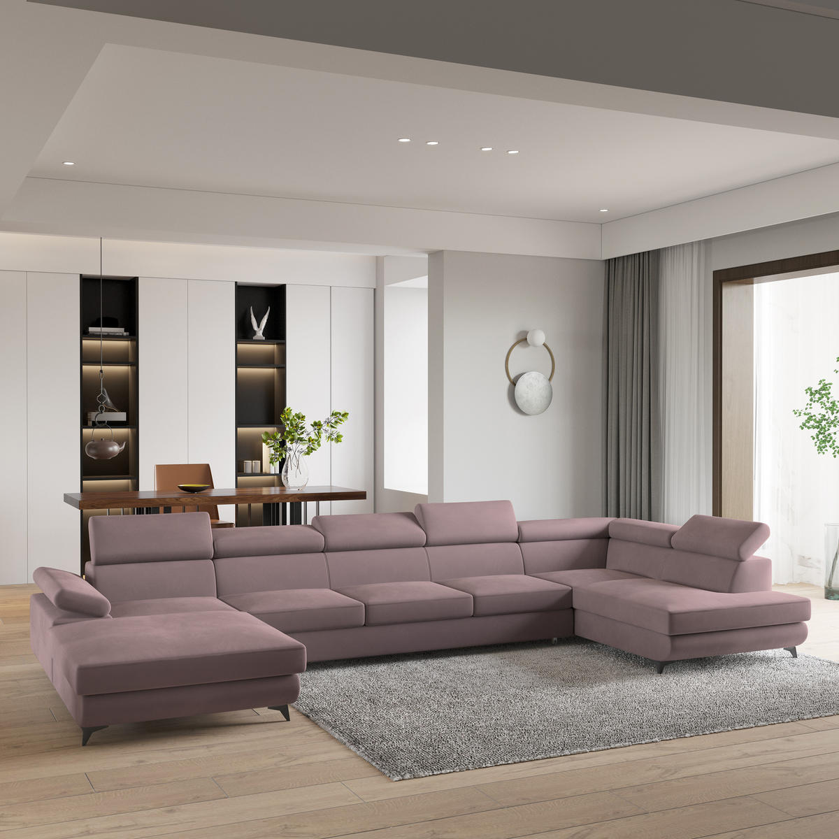 WOHNLANDSCHAFT MONTIVA Lila Velours-Stoff mit Schlaffunktion - Lila, Holz (410/89/190cm) - MASSENO