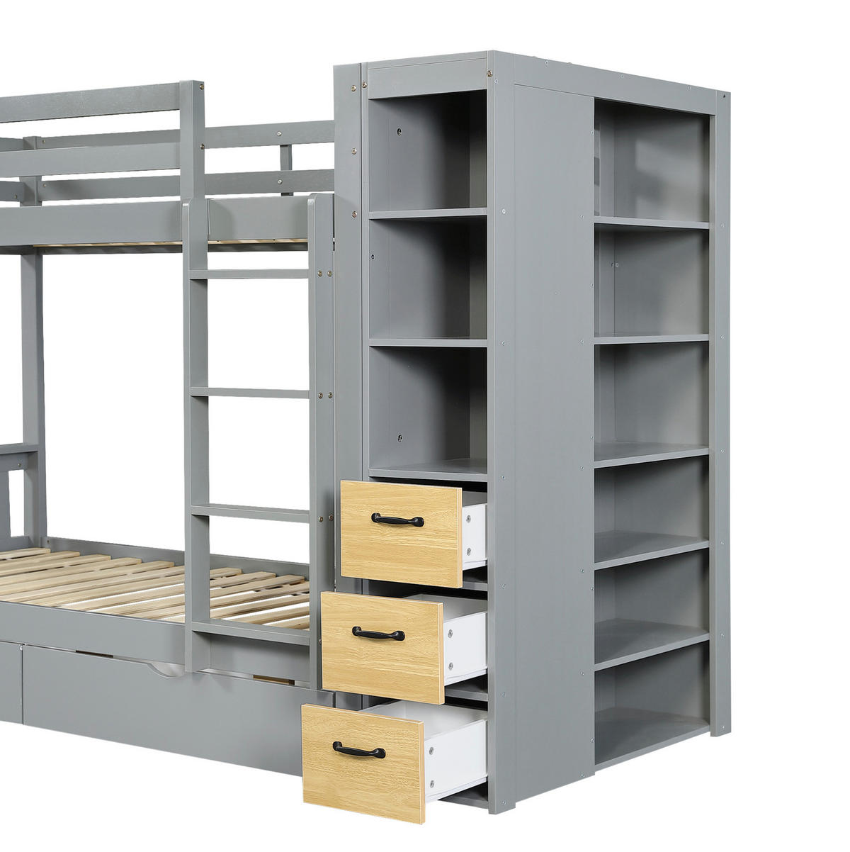 ETAGENBETT aus Massivholz, Sperrholz, Spanplatte und MDF 90x200 cm Hellgrau mit Stauraum, Leiter und Nachtkommode - Hellgrau, Holz (90/200cm) - Modfu