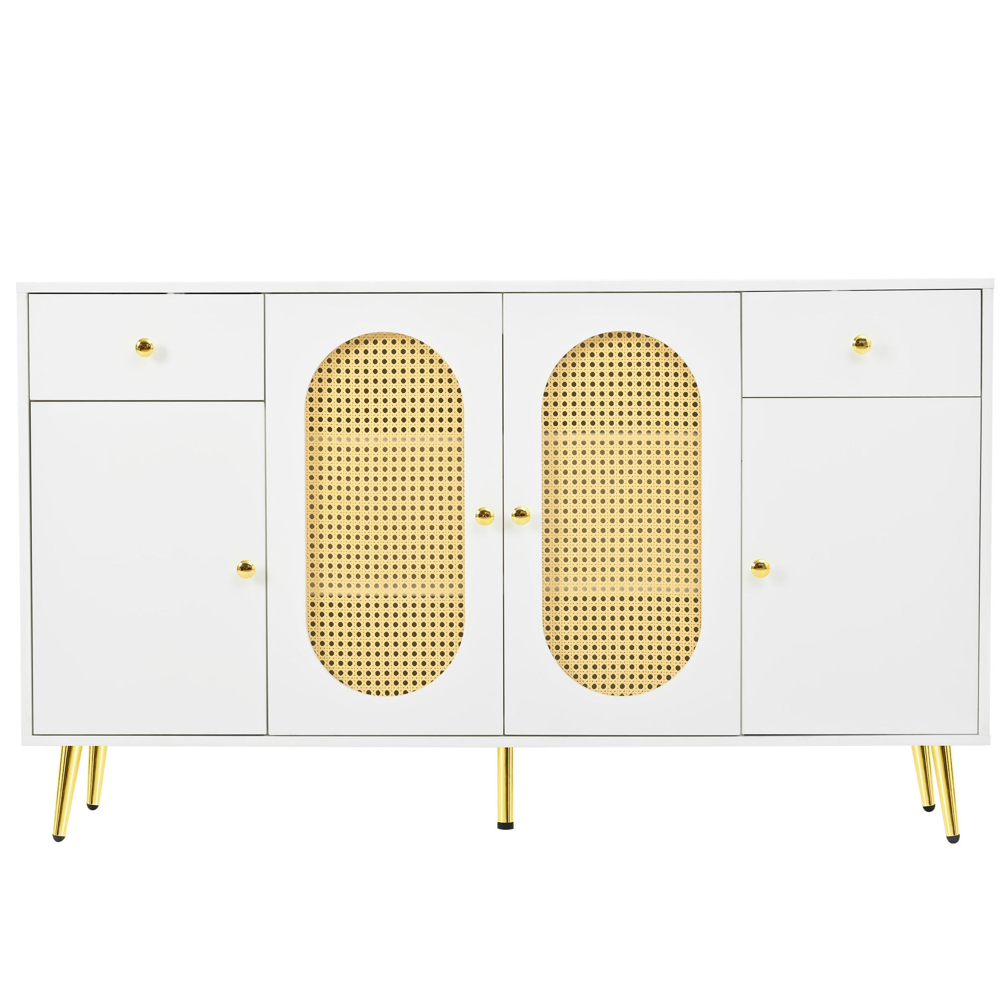 SIDEBOARD weiß rattan 140cm 4 türen 2 schubladen - Weiß, Holzwerkstoff (140/82/35cm) - Urban Meuble