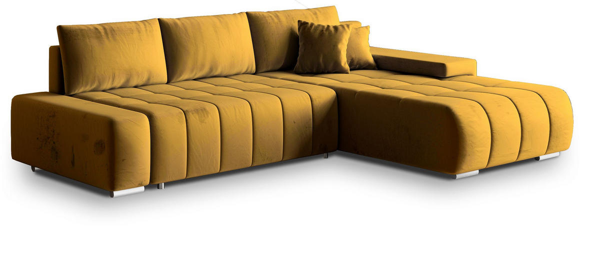 ECKSOFA ALESE R-S Gelb Velours-Stoff mit Schlaffunktion - Gelb, Holz (265/185cm) - MASSENO